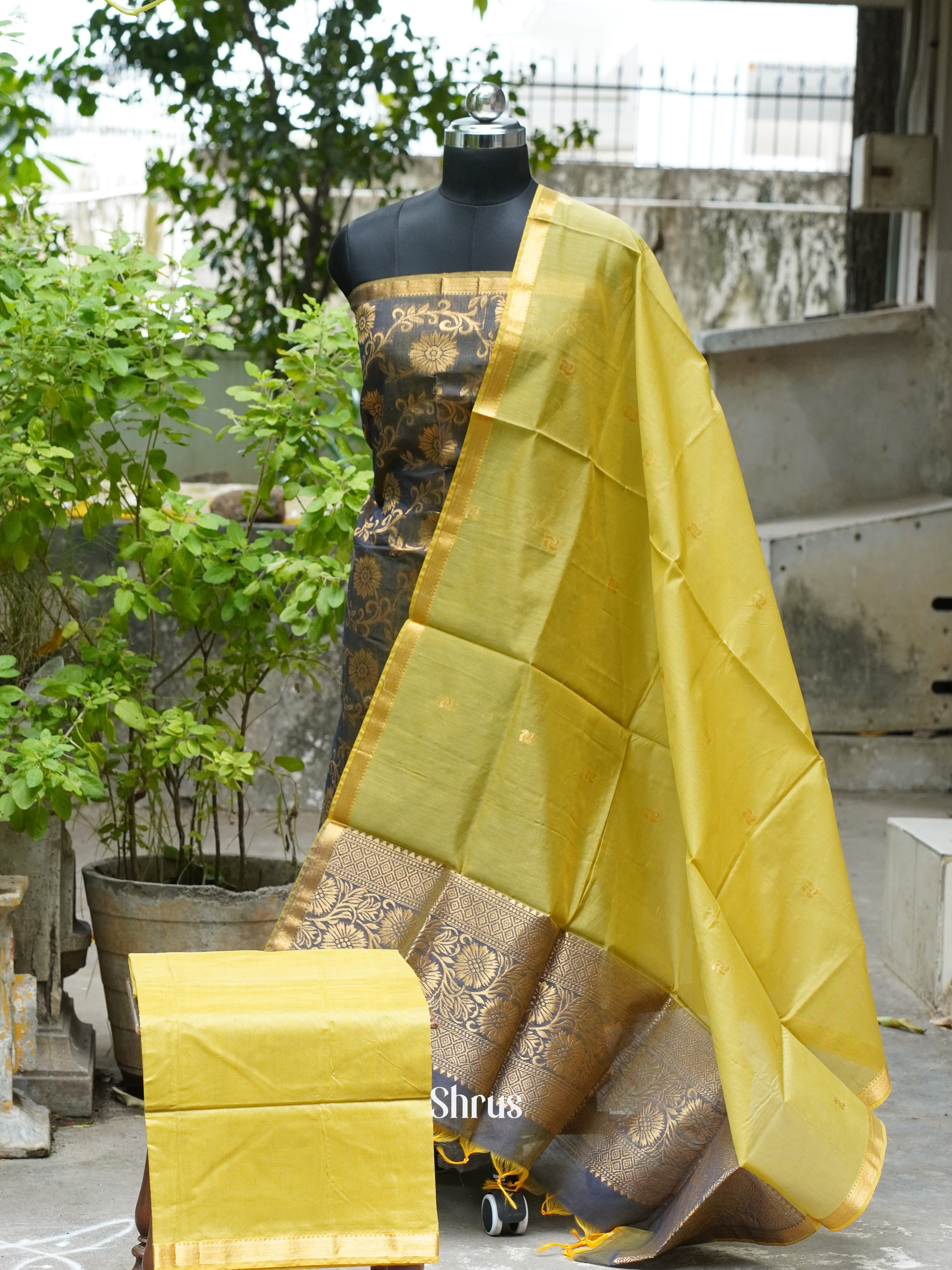 Grey & Yellowish Green - Semi silkcotton salwar - Shop on ShrusEternity.com