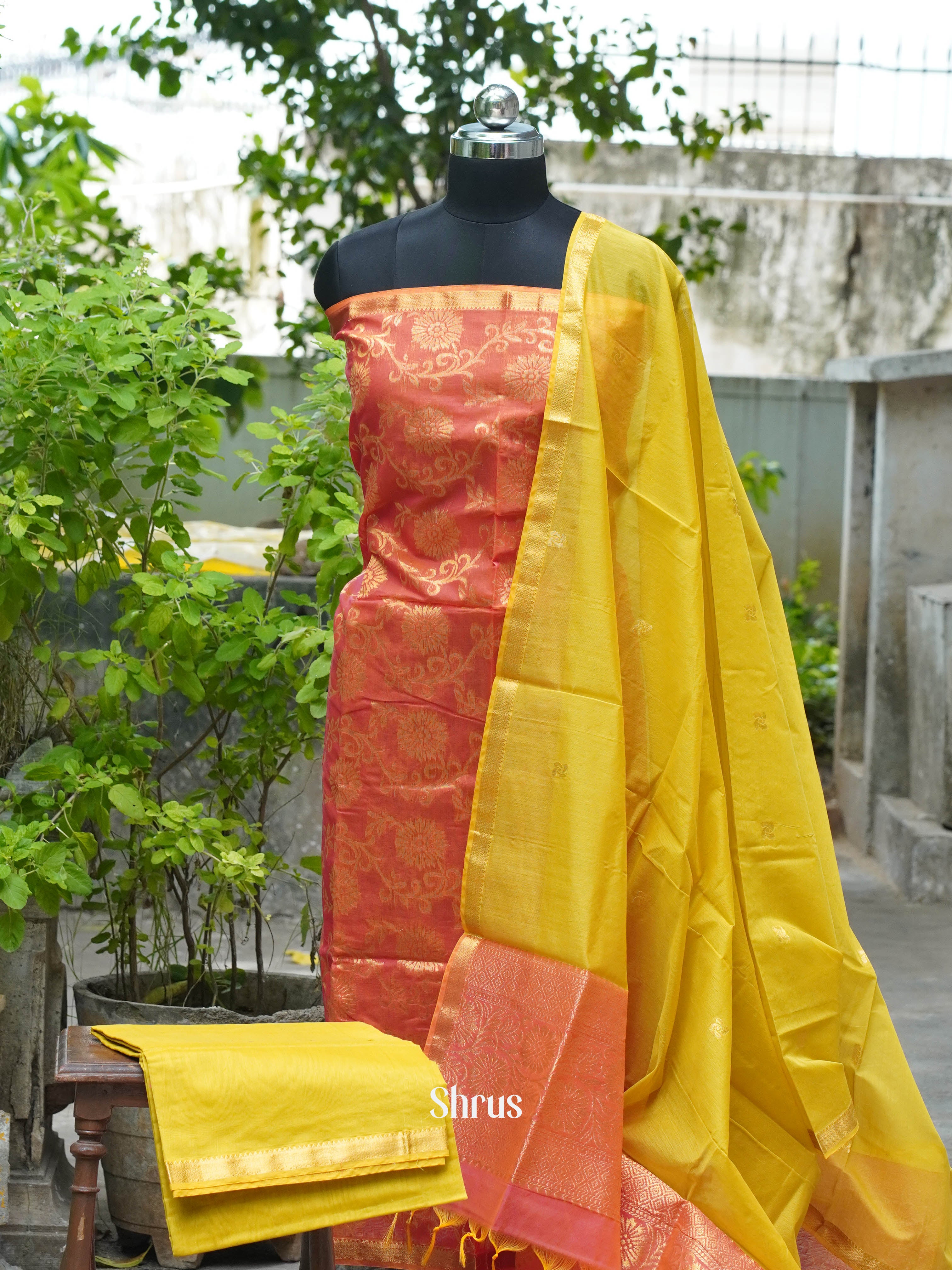 Orange & Mathulir Green - Semi silkcotton salwar - Shop on ShrusEternity.com