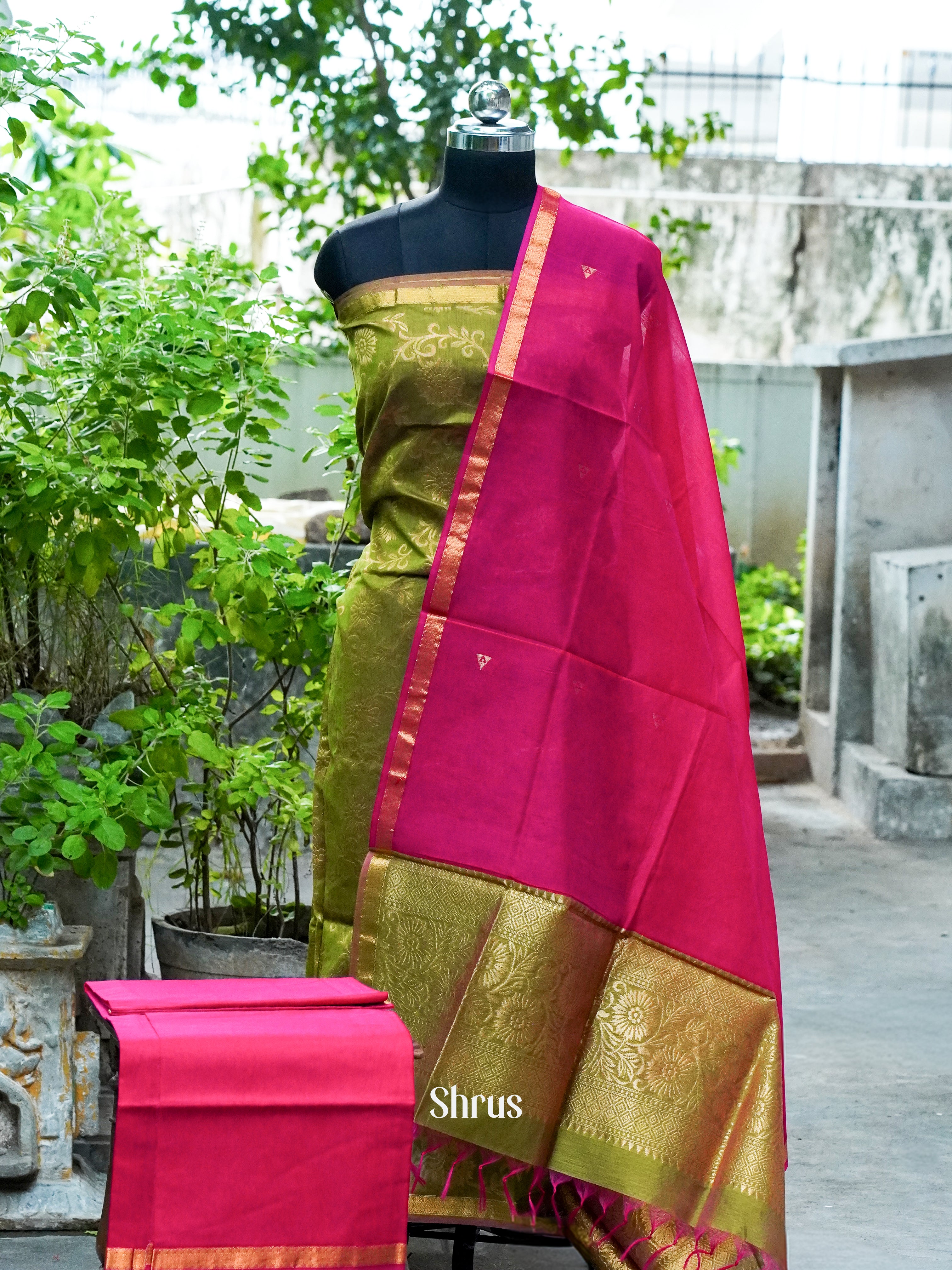 Double Shaded Olive Green and Rosy Red - Semi silkcotton salwar - Shop on ShrusEternity.com