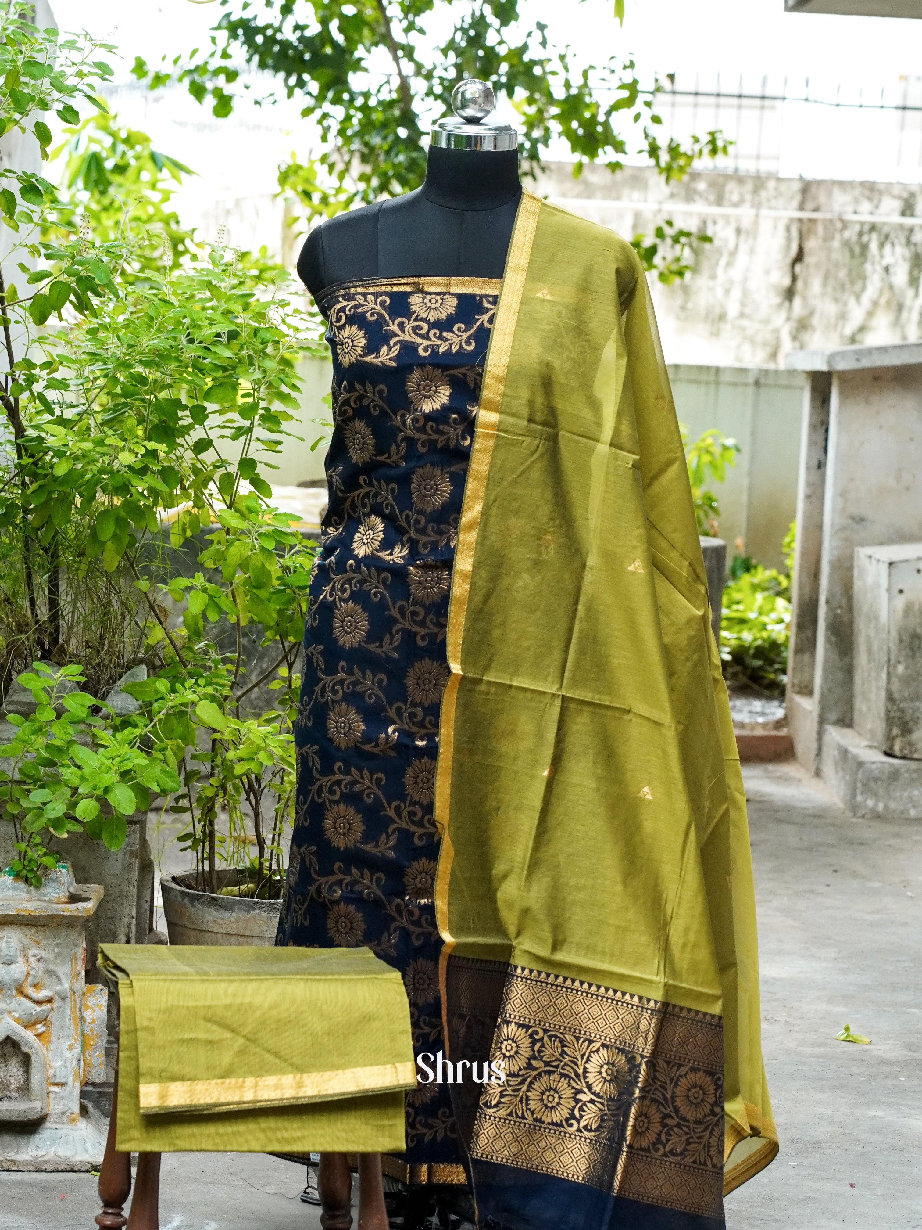 Navy Blue and Olive Green - Semi silkcotton salwar - Shop on ShrusEternity.com