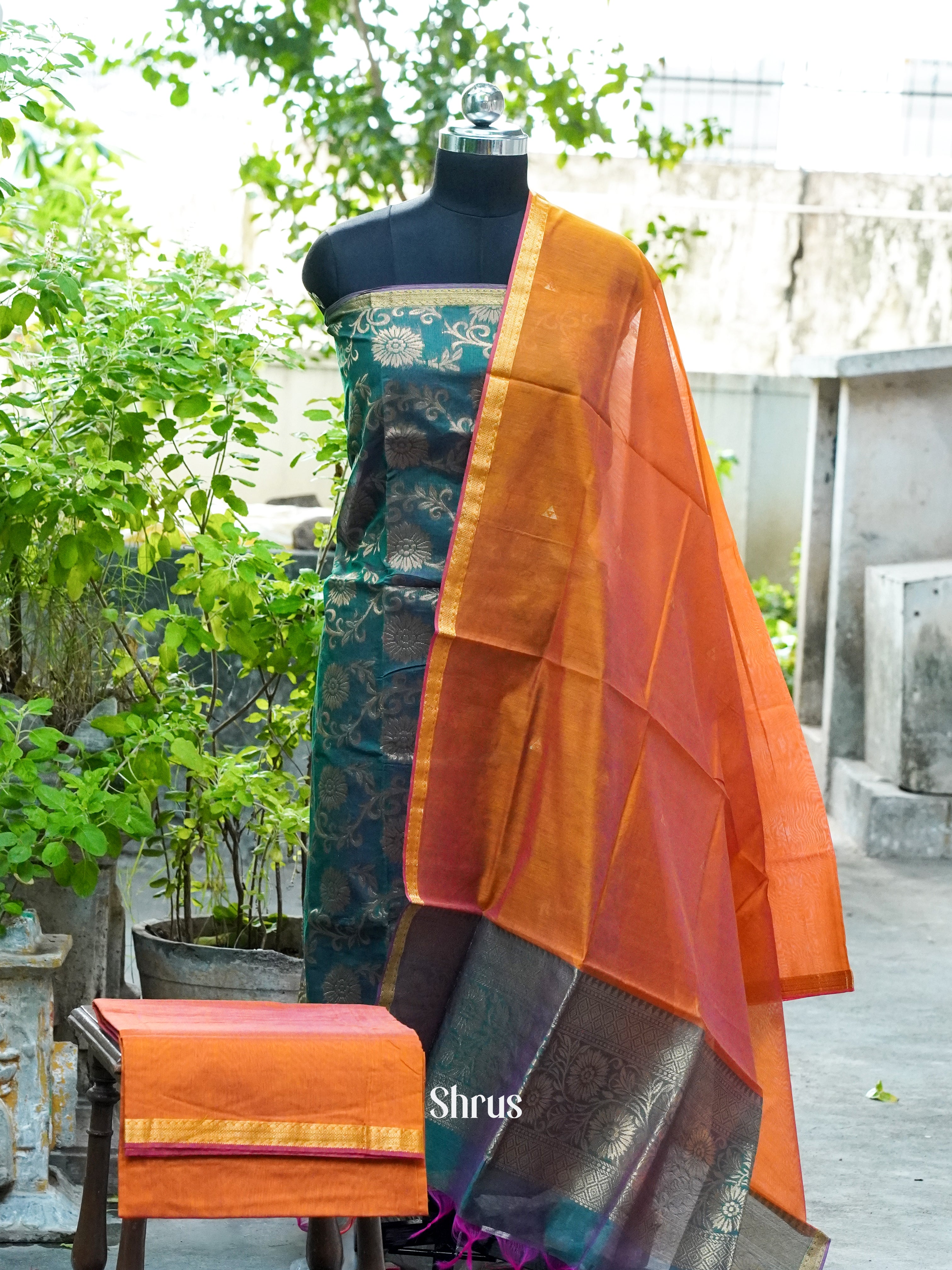 Double Shaded Green and Double Shaded Orange - Semi silkcotton salwar - Shop on ShrusEternity.com