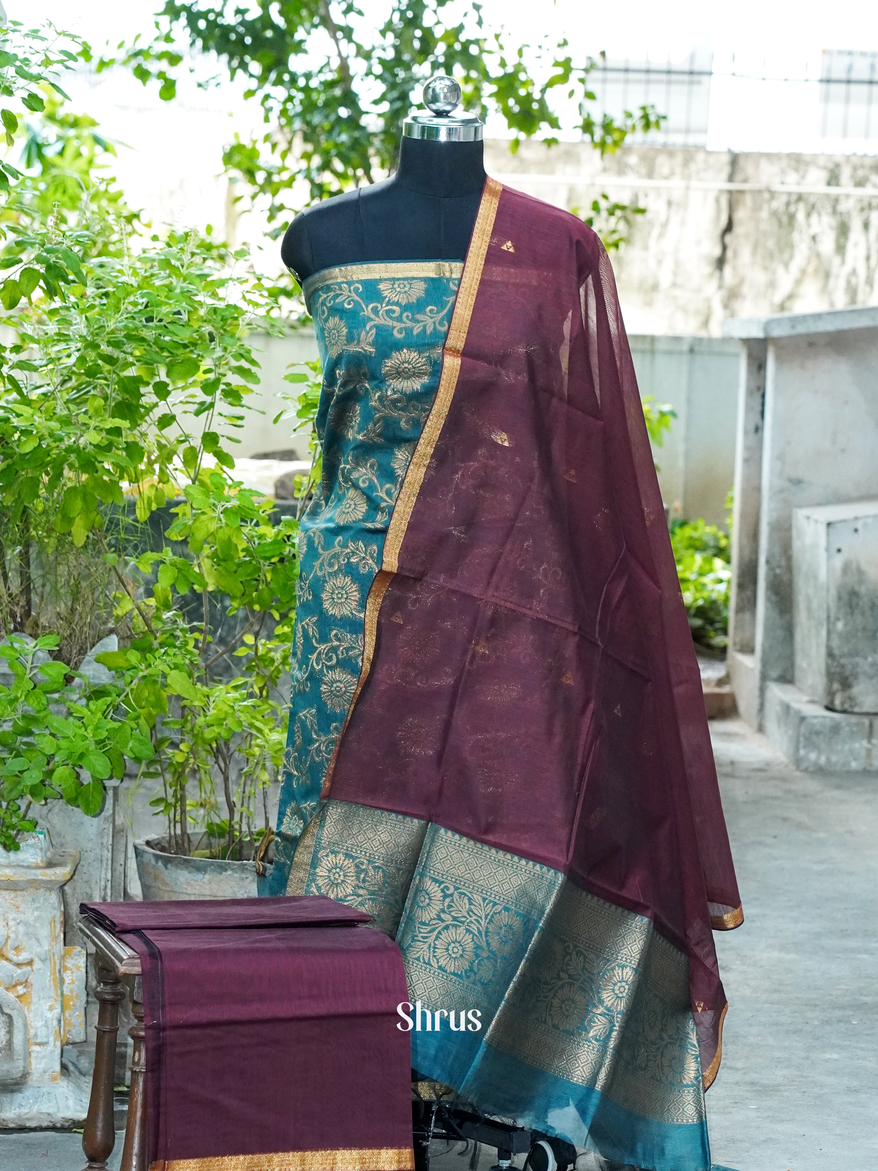 Teal Blue and Dark Brown - Semi silkcotton salwar - Shop on ShrusEternity.com