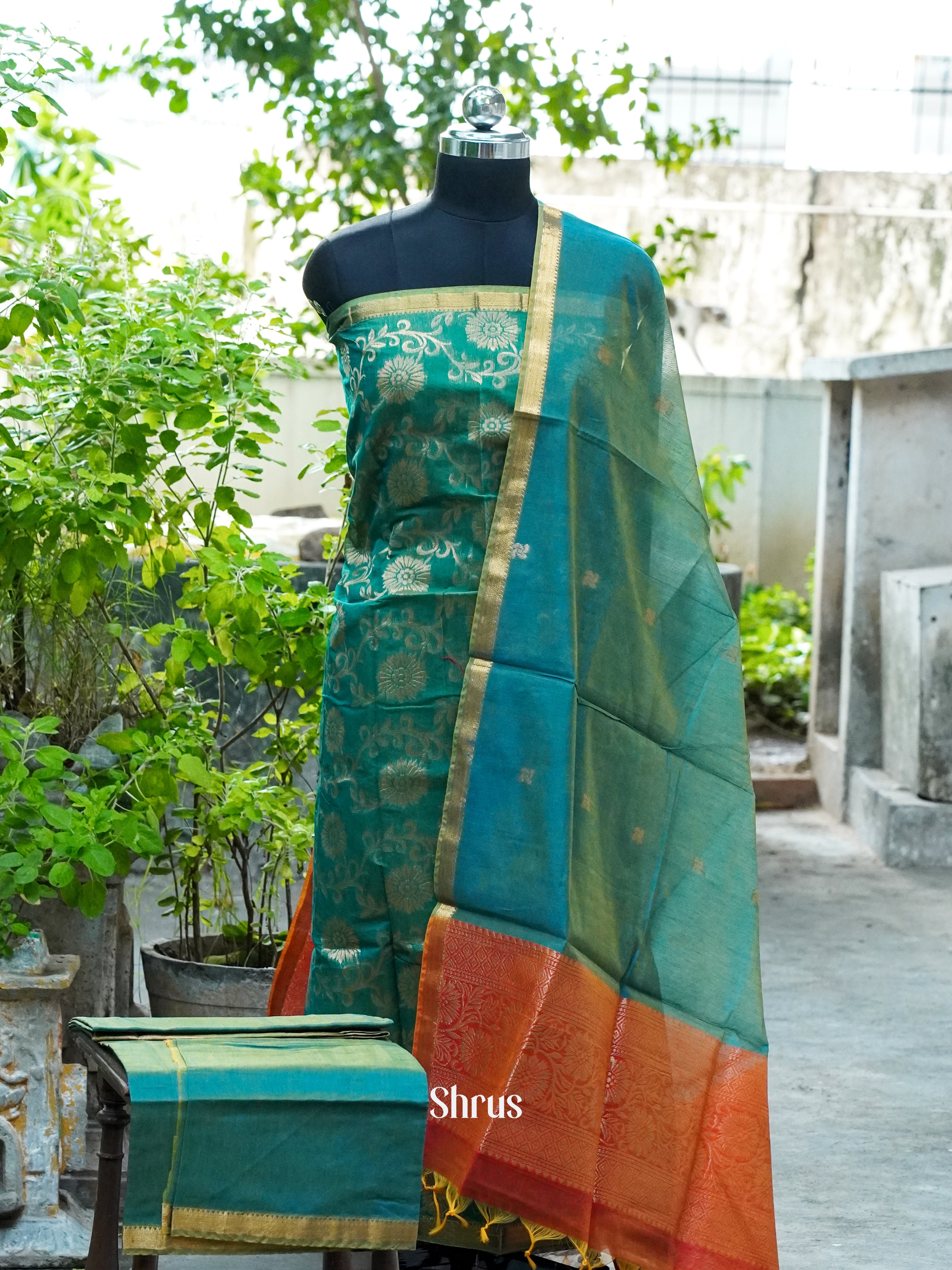 Double Shaded Pine Green and Double Shaded Teal Blue - Semi silkcotton salwar - Shop on ShrusEternity.com