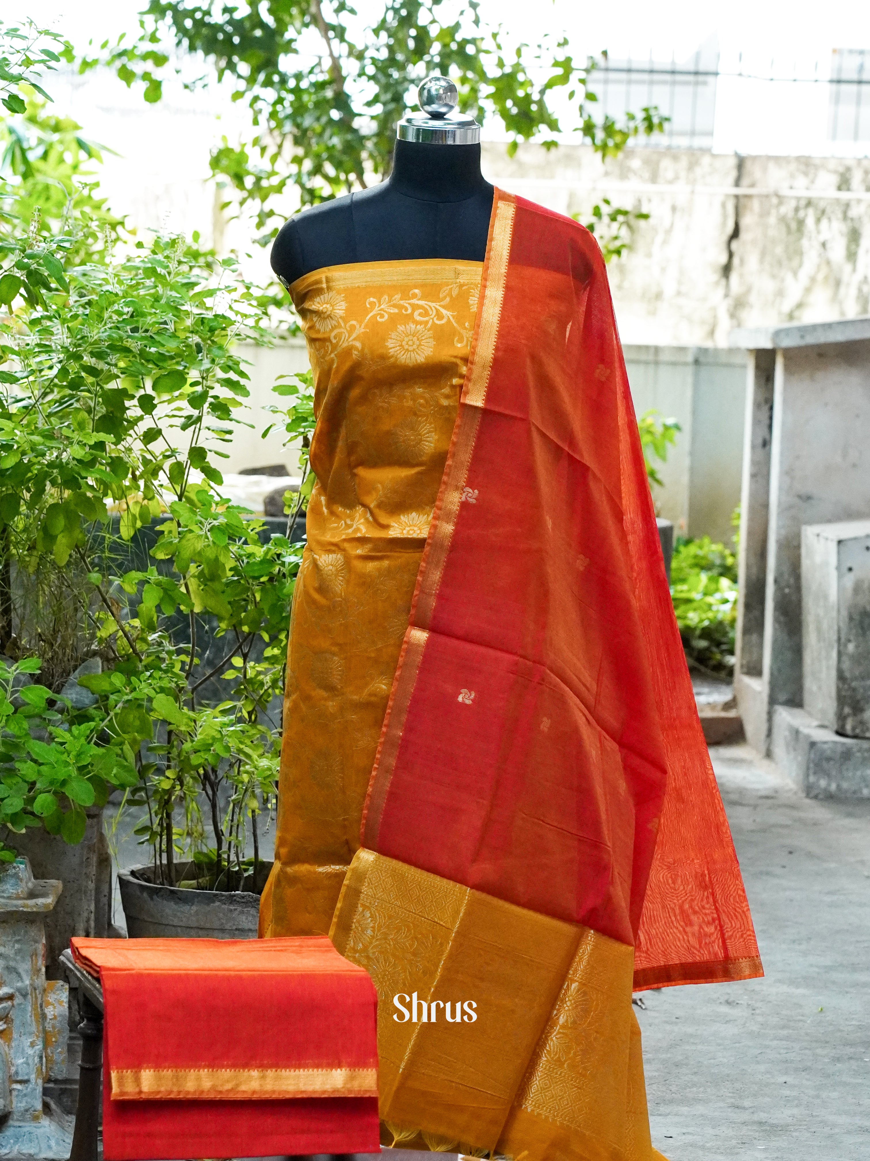 Golden Yellow and Double Shaded Orange - Semi silkcotton salwar - Shop on ShrusEternity.com