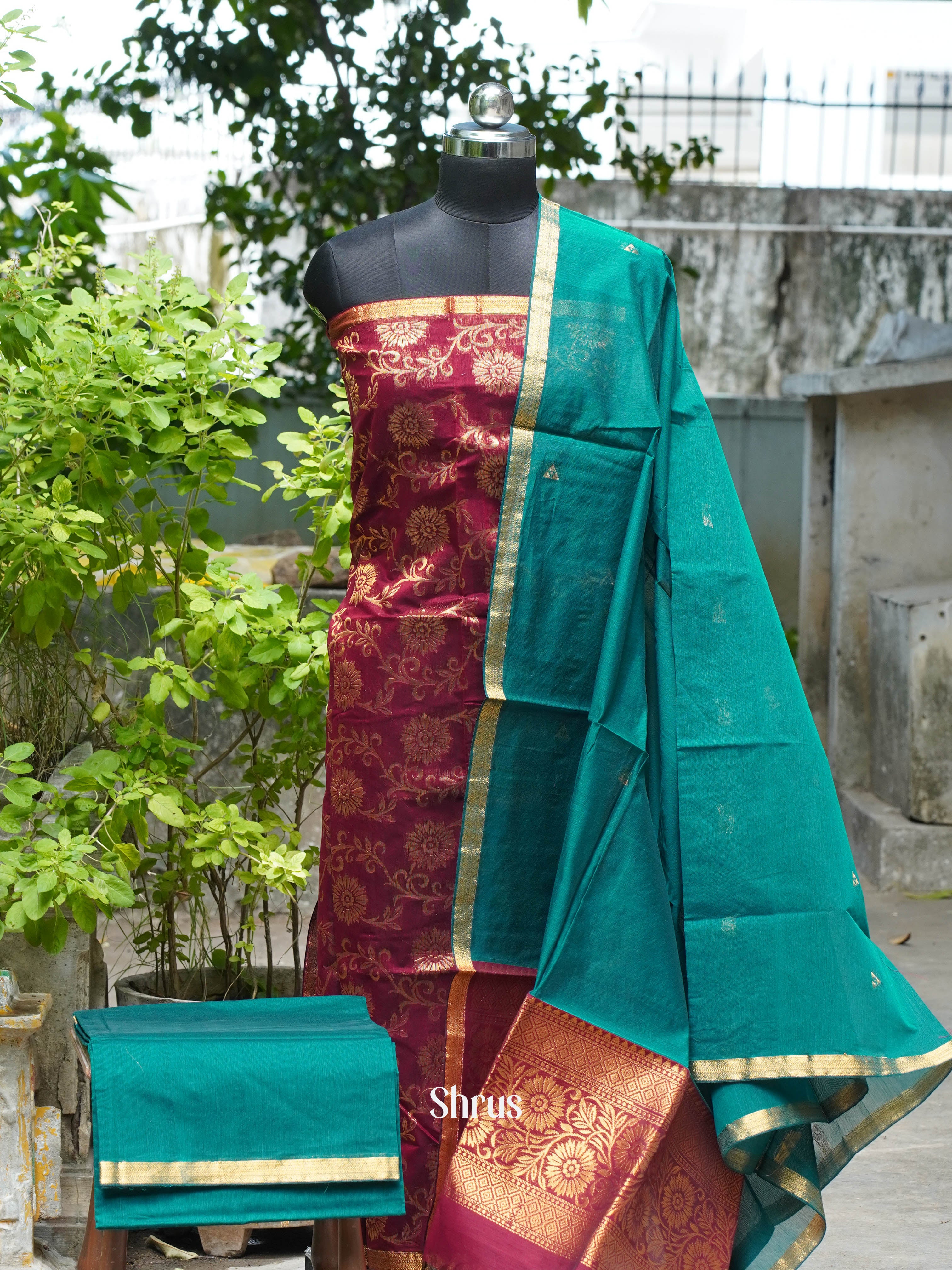 Maroon & Green - Semi silkcotton salwar - Shop on ShrusEternity.com