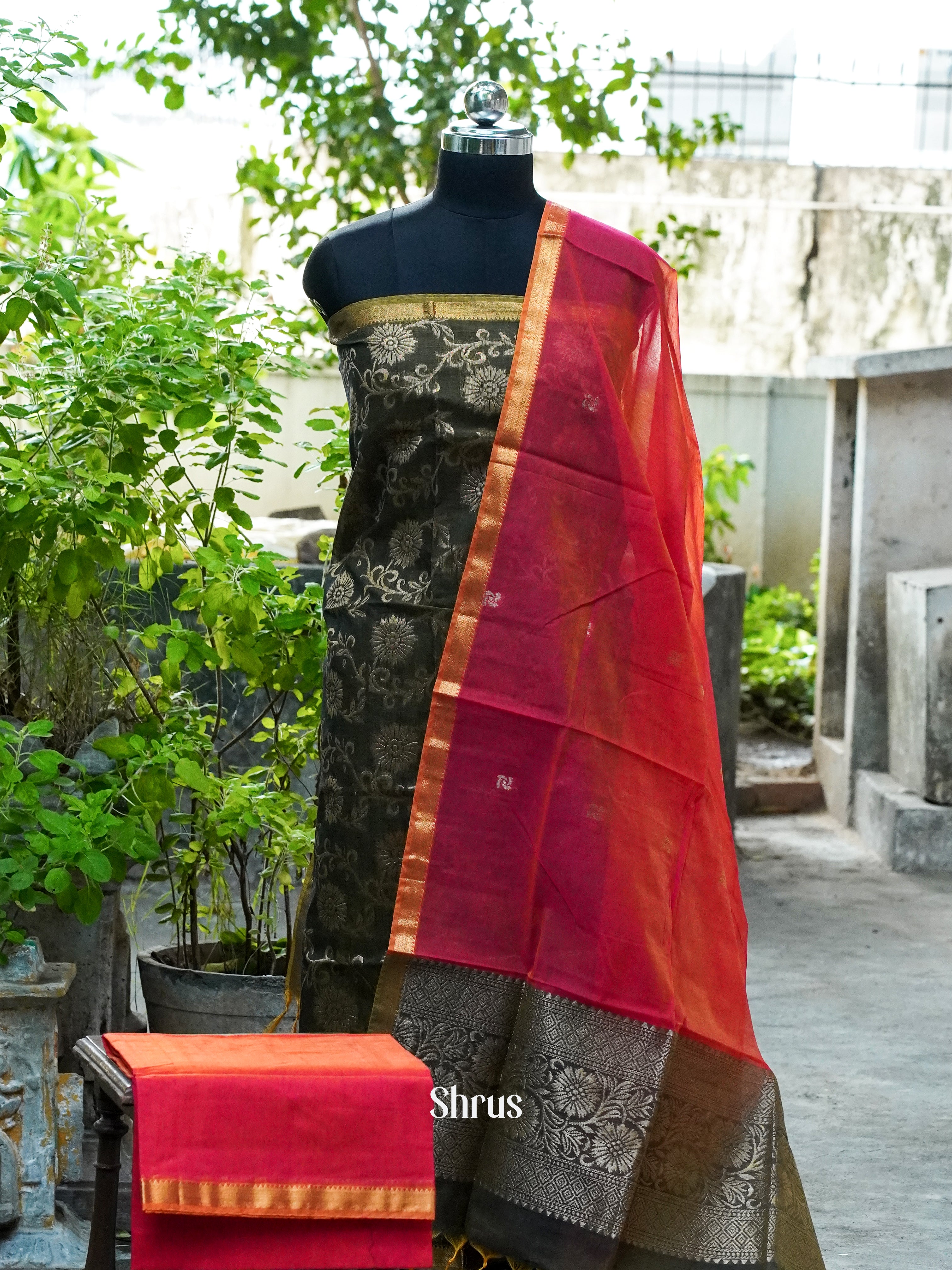 Olive Green and Double Shaded Red and Yellow - Semi silkcotton salwar - Shop on ShrusEternity.com