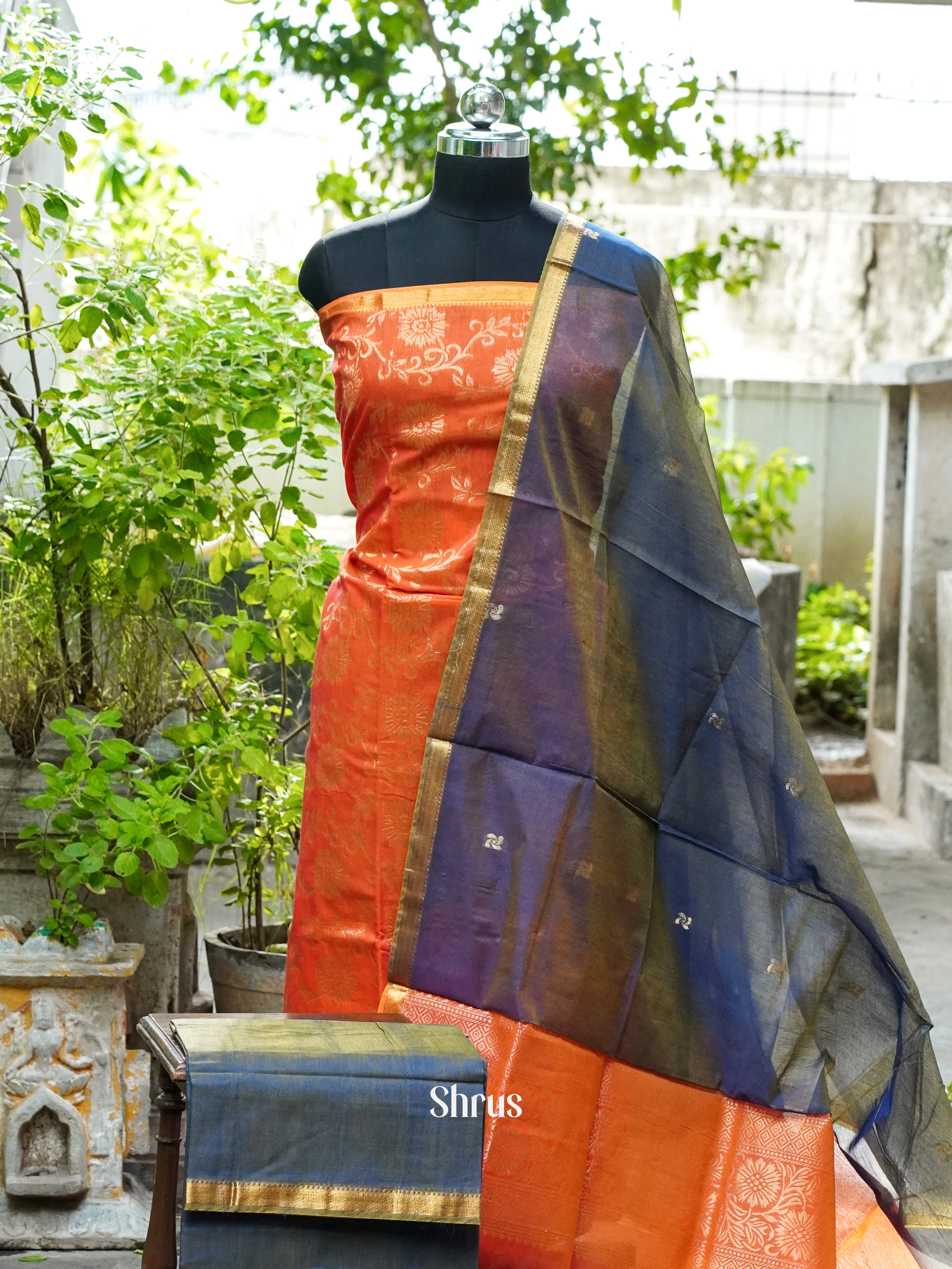 Pinkish Orange & Double Shaded Light Navy Blue- Semi silkcotton salwar - Shop on ShrusEternity.com