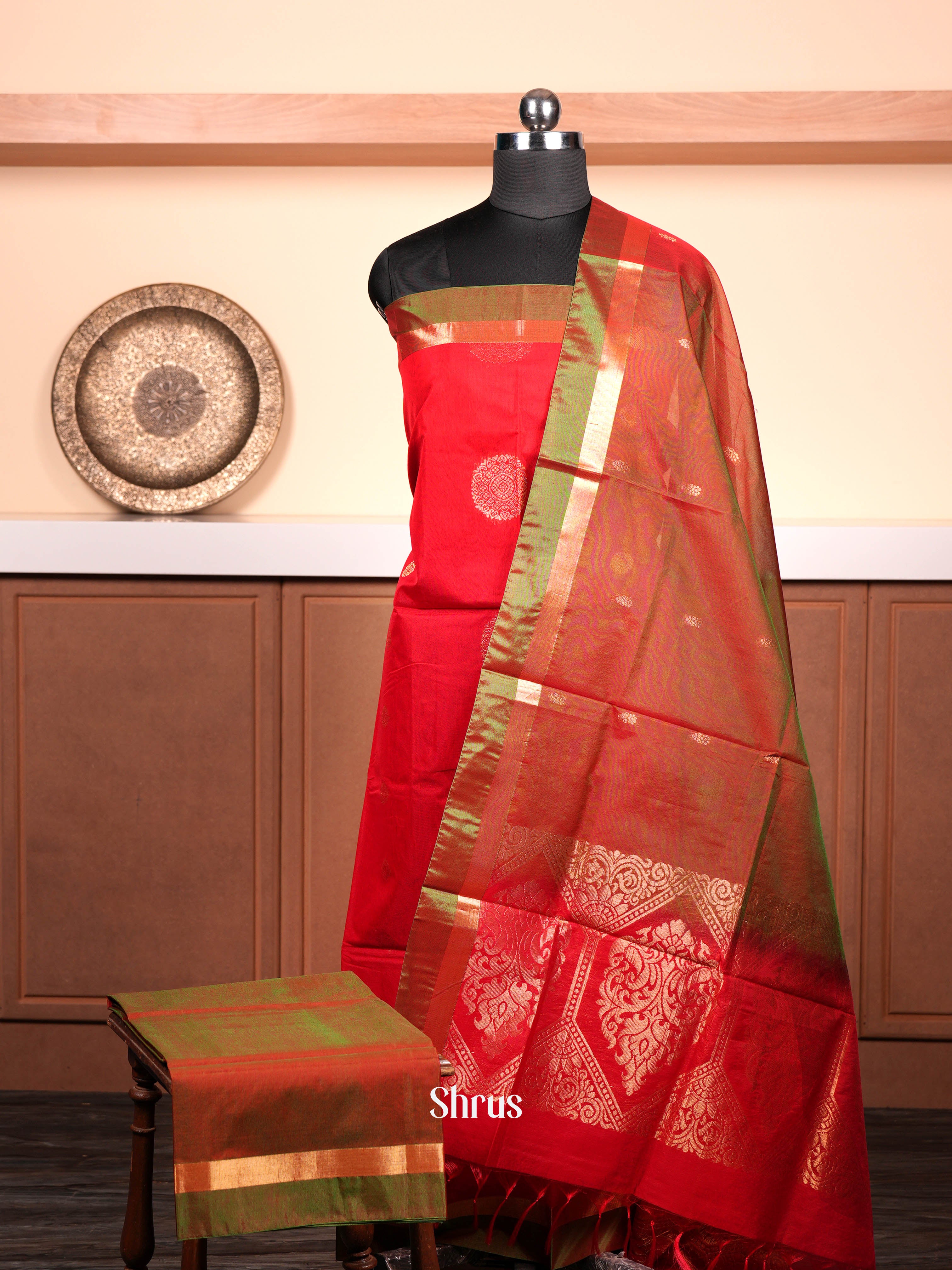 Red & Double Shaded Green - Semi silkcotton salwar - Shop on ShrusEternity.com