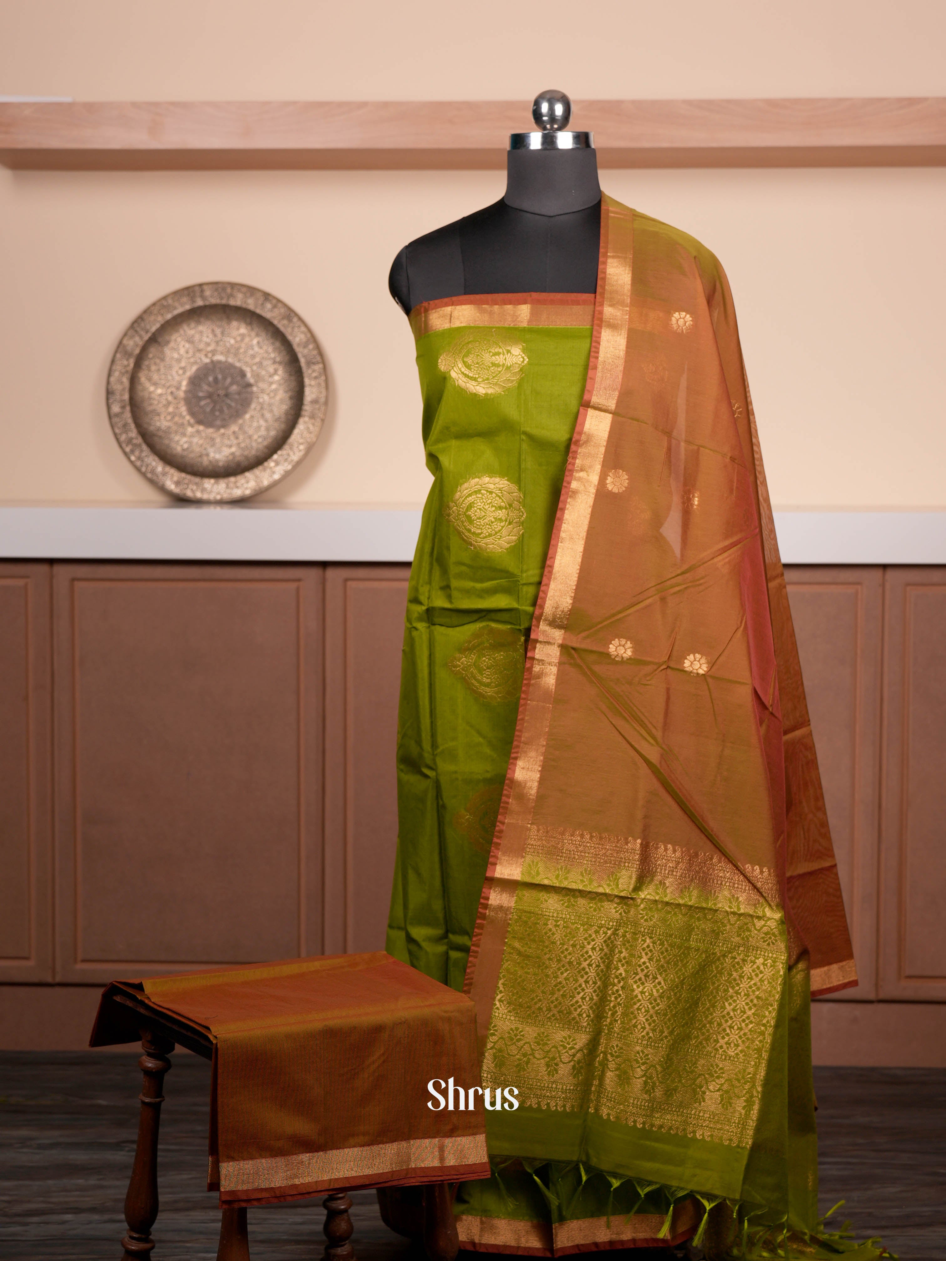 Greenish Gold & Brown - Semi silkcotton salwar - Shop on ShrusEternity.com