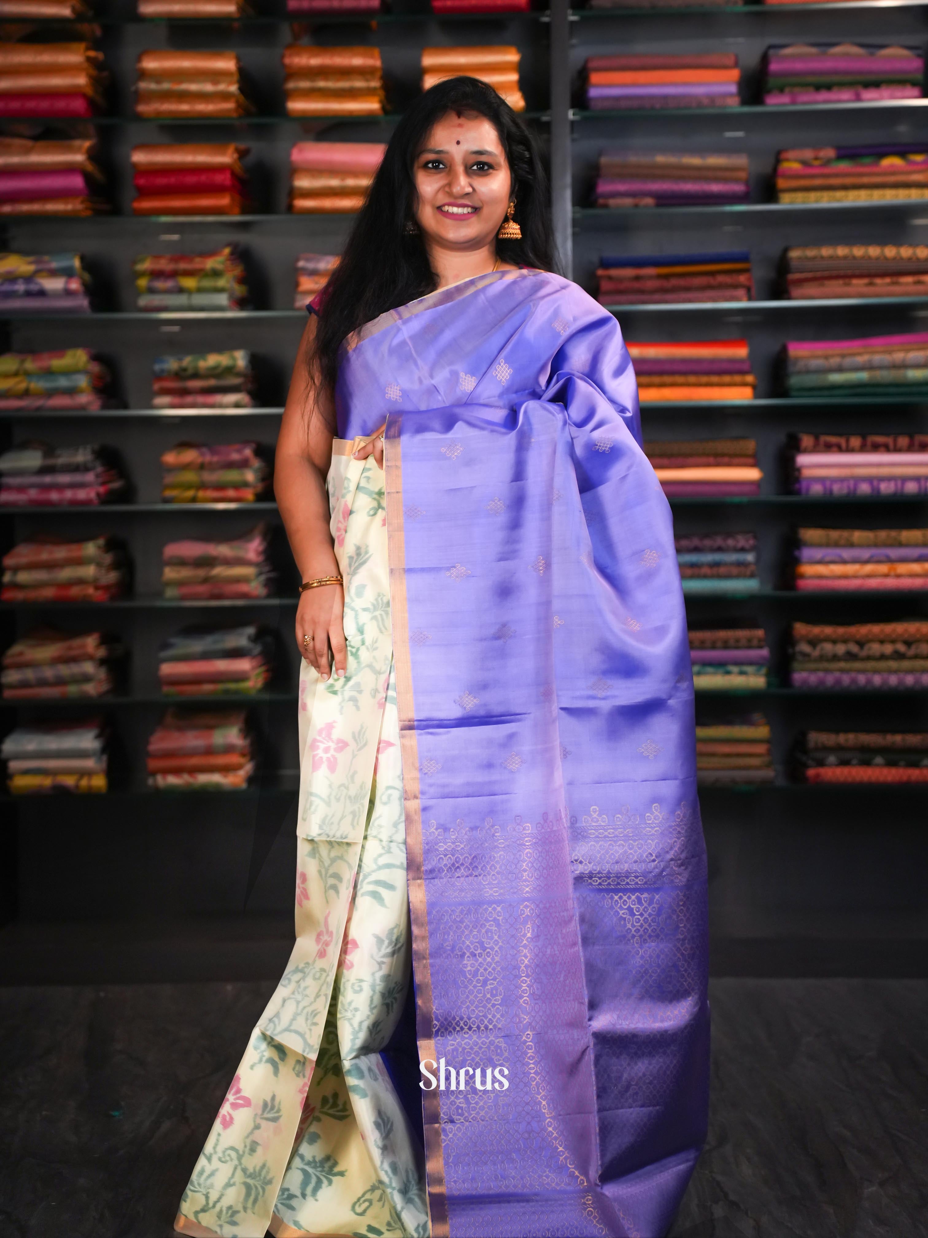 Bluish Purple & Cream - Soft Silk Saree - Shop on ShrusEternity.com