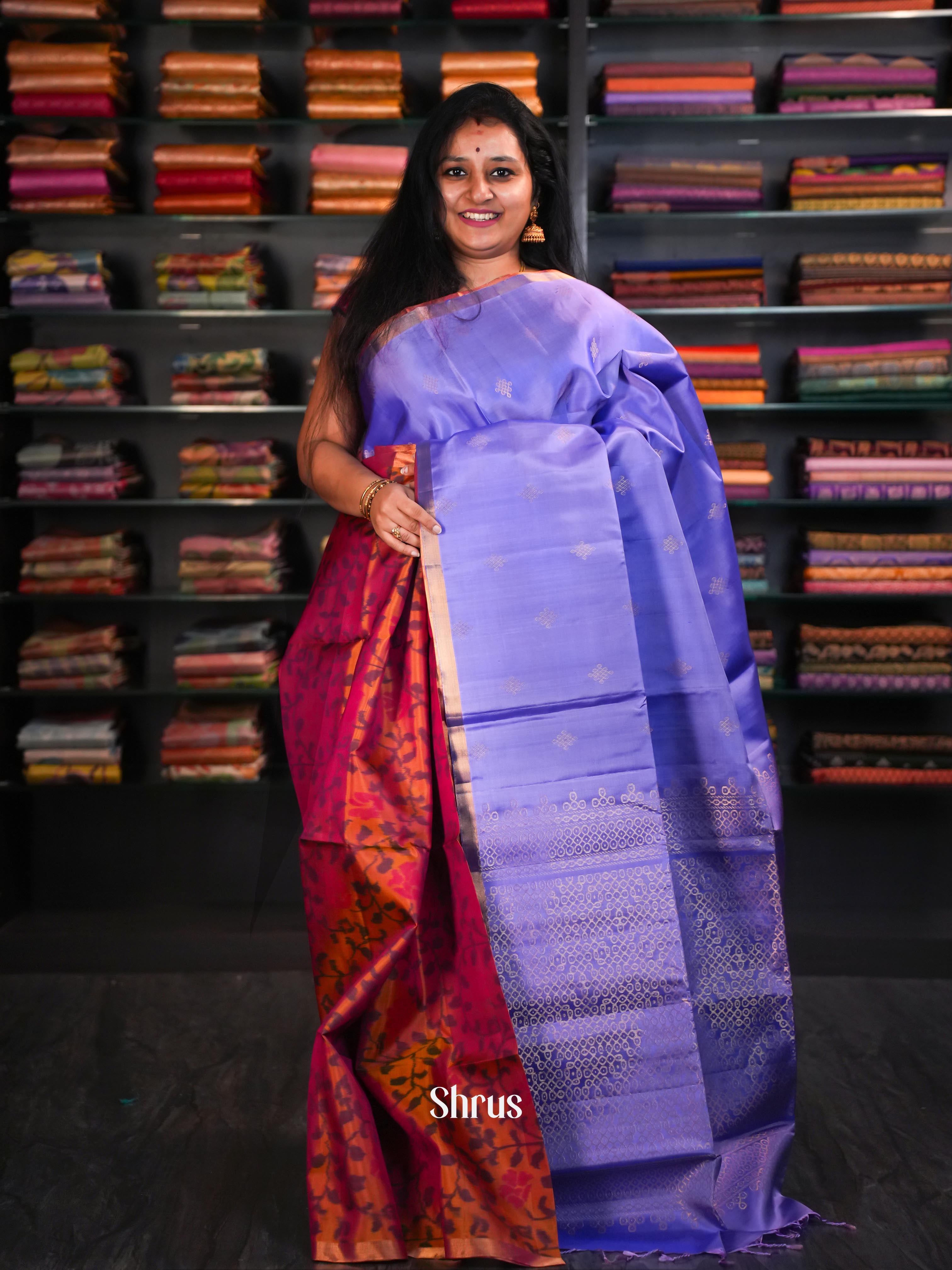 Bluish Purple & Double Shaded Pink - Soft Silk Saree - Shop on ShrusEternity.com