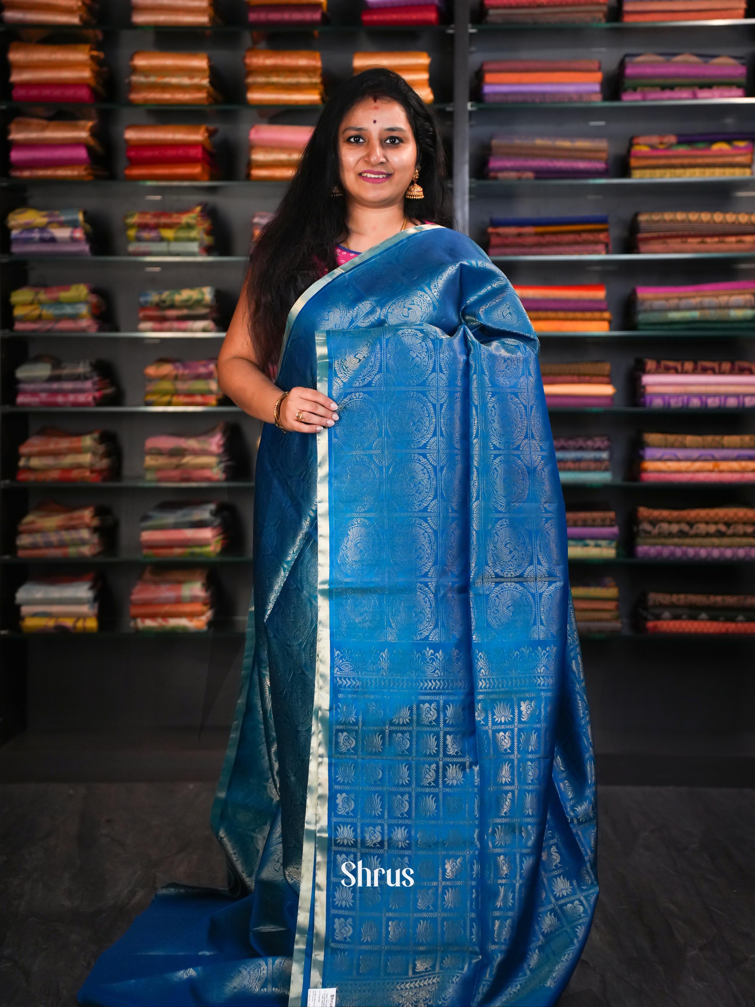 Peacock Blue - Soft Silk Saree - Shop on ShrusEternity.com
