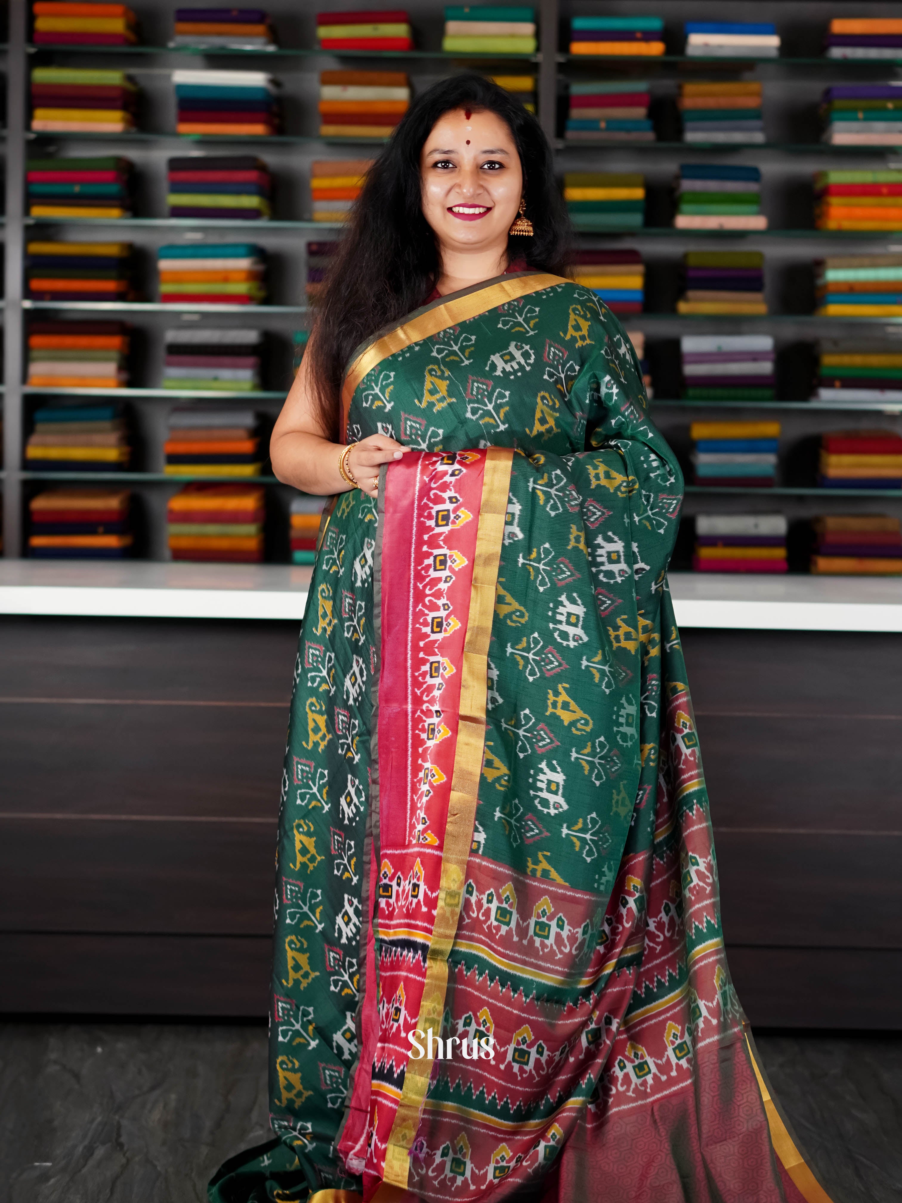 Green & Red - Semi Patola Saree - Shop on ShrusEternity.com