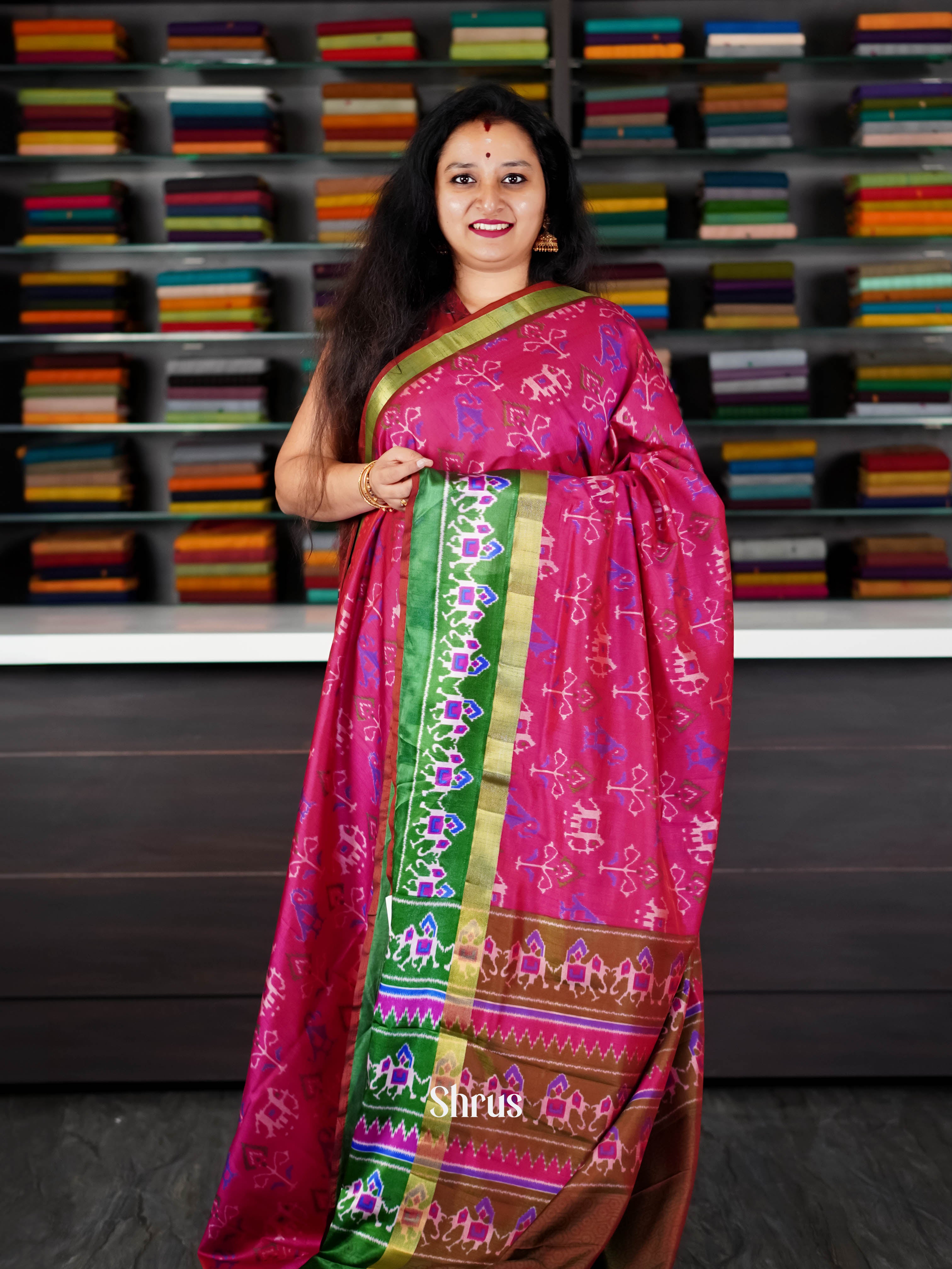 Pink & Green - Semi Patola Saree - Shop on ShrusEternity.com