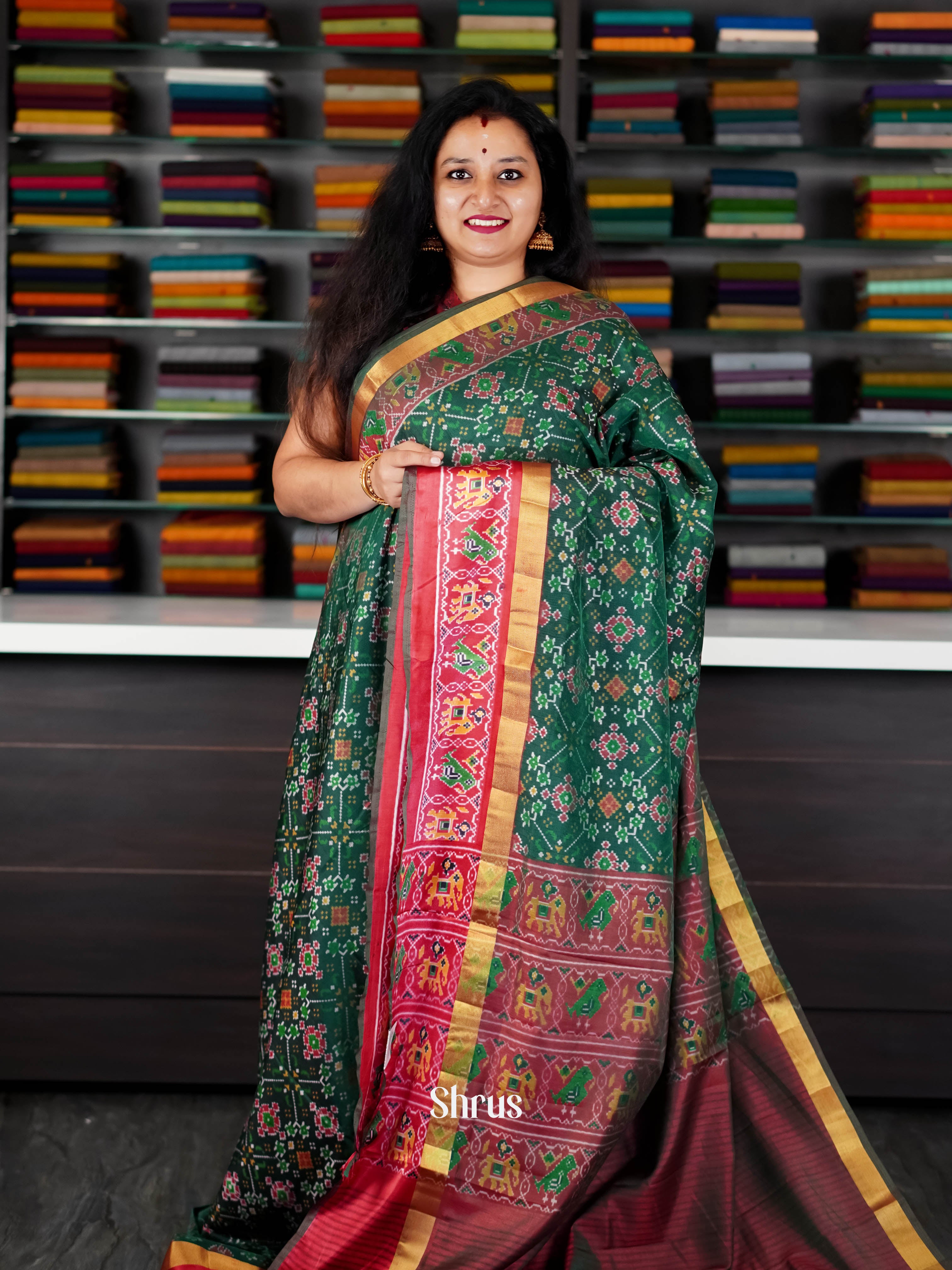 Green & Red - Semi Patola Saree - Shop on ShrusEternity.com
