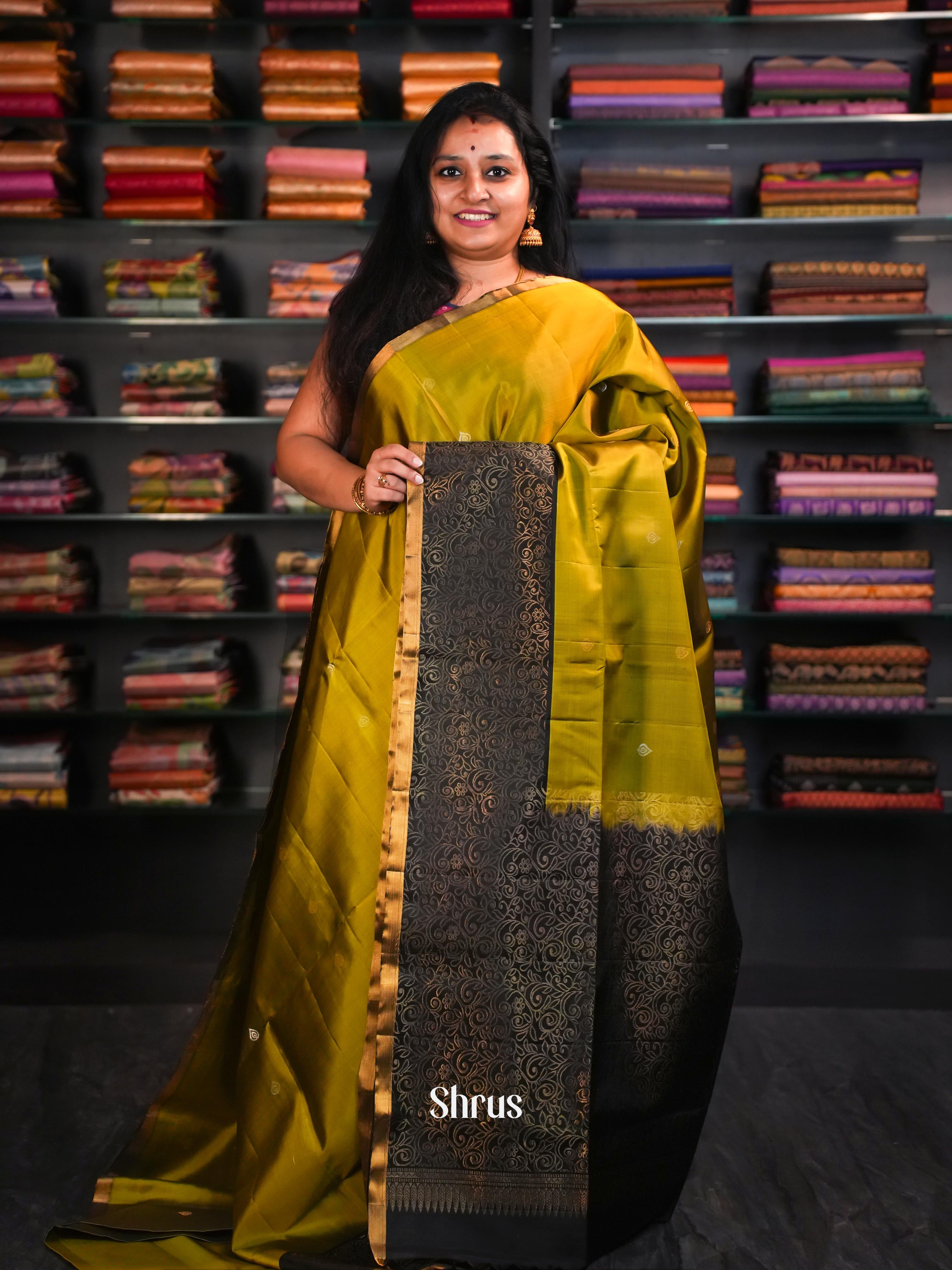 Olive Green & Black - Soft Silk Saree - Shop on ShrusEternity.com
