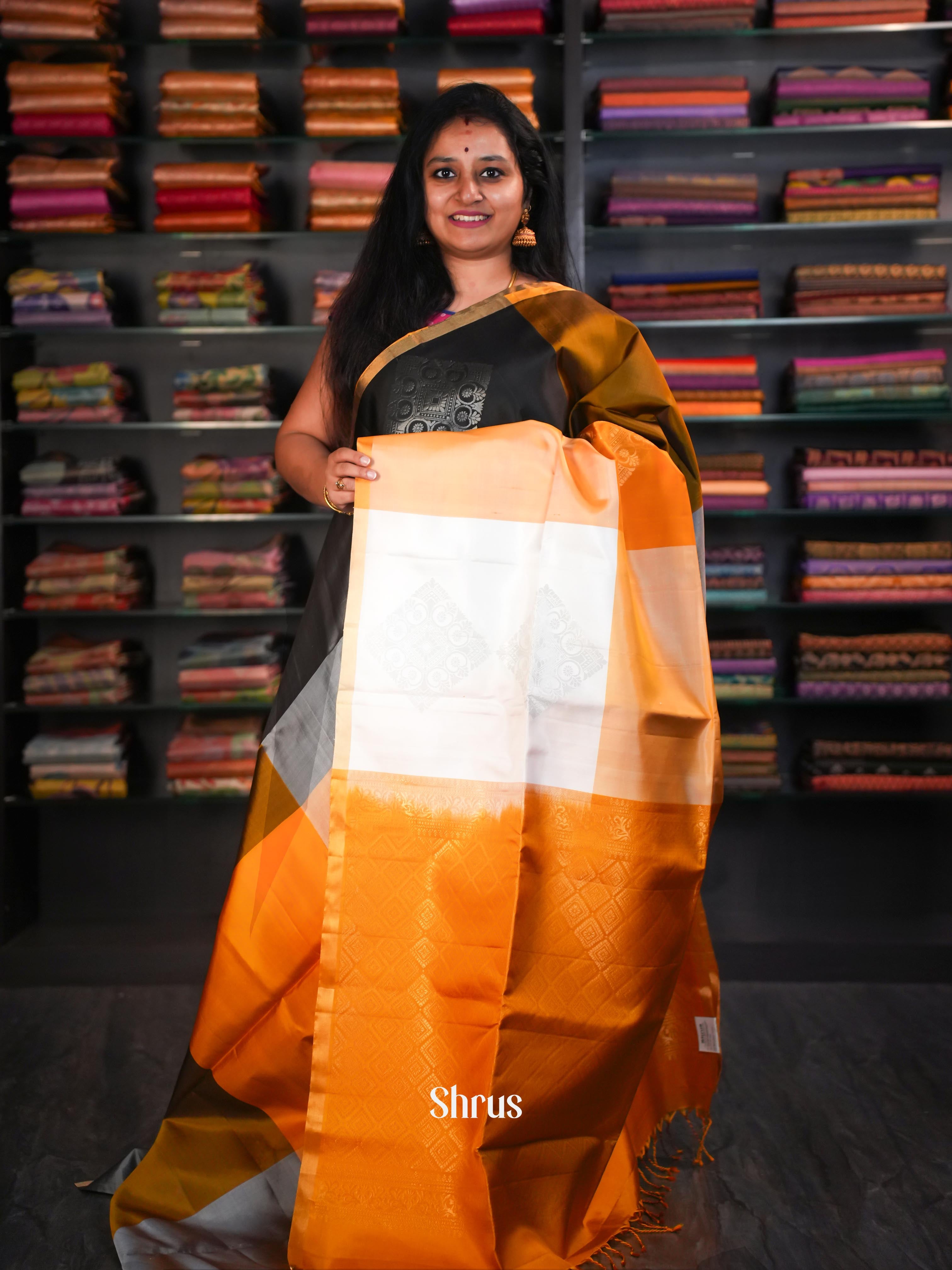 Golden Yellow & Grey - Soft Silk Saree - Shop on ShrusEternity.com