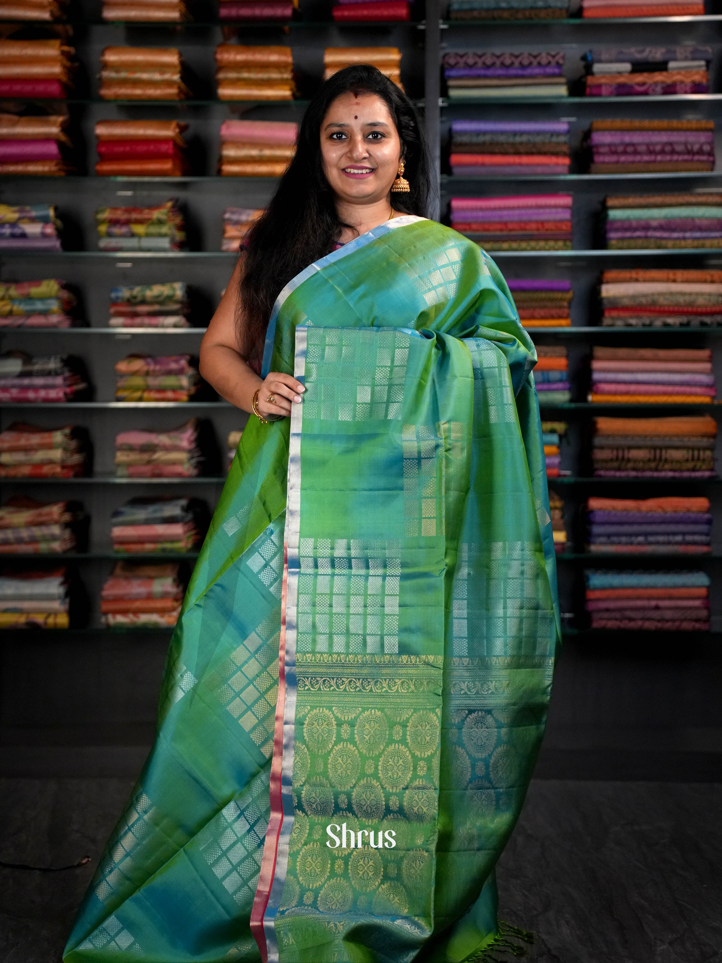 Double Shaded Greenish Blue & Rosy Red - Soft Silk Saree - Shop on ShrusEternity.com