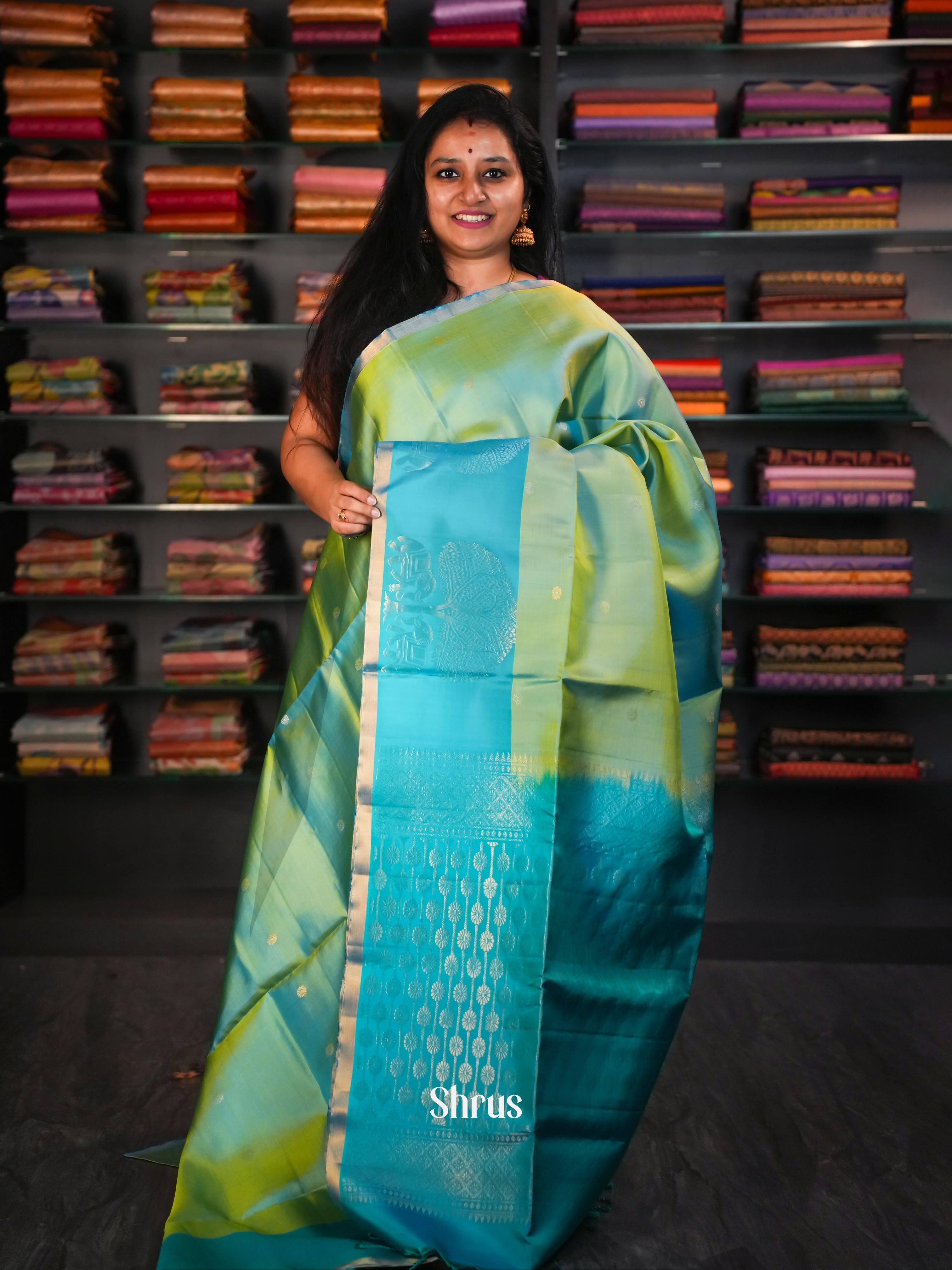 Teal & Yellowish Green - Soft Silk Saree - Shop on ShrusEternity.com