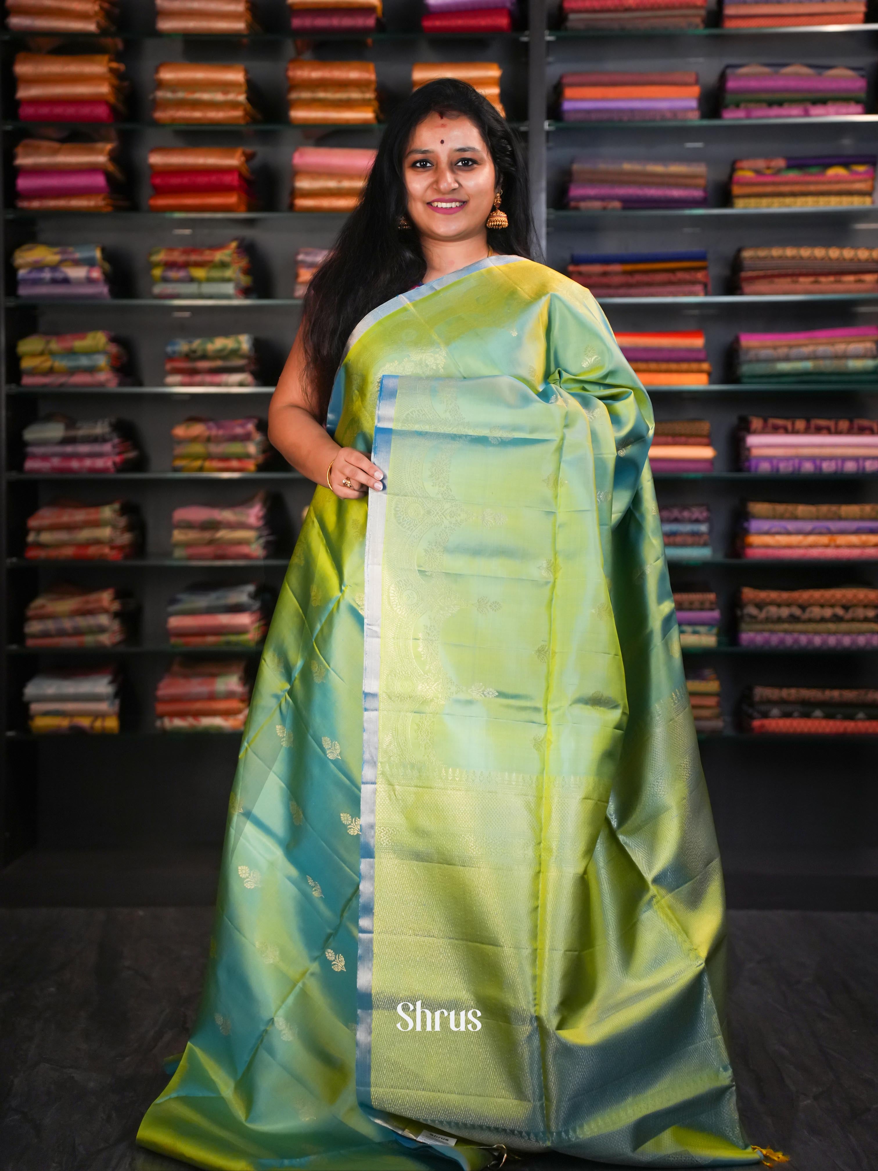 Double Shaded Greenish Blue & Yellow - Soft Silk Saree - Shop on ShrusEternity.com