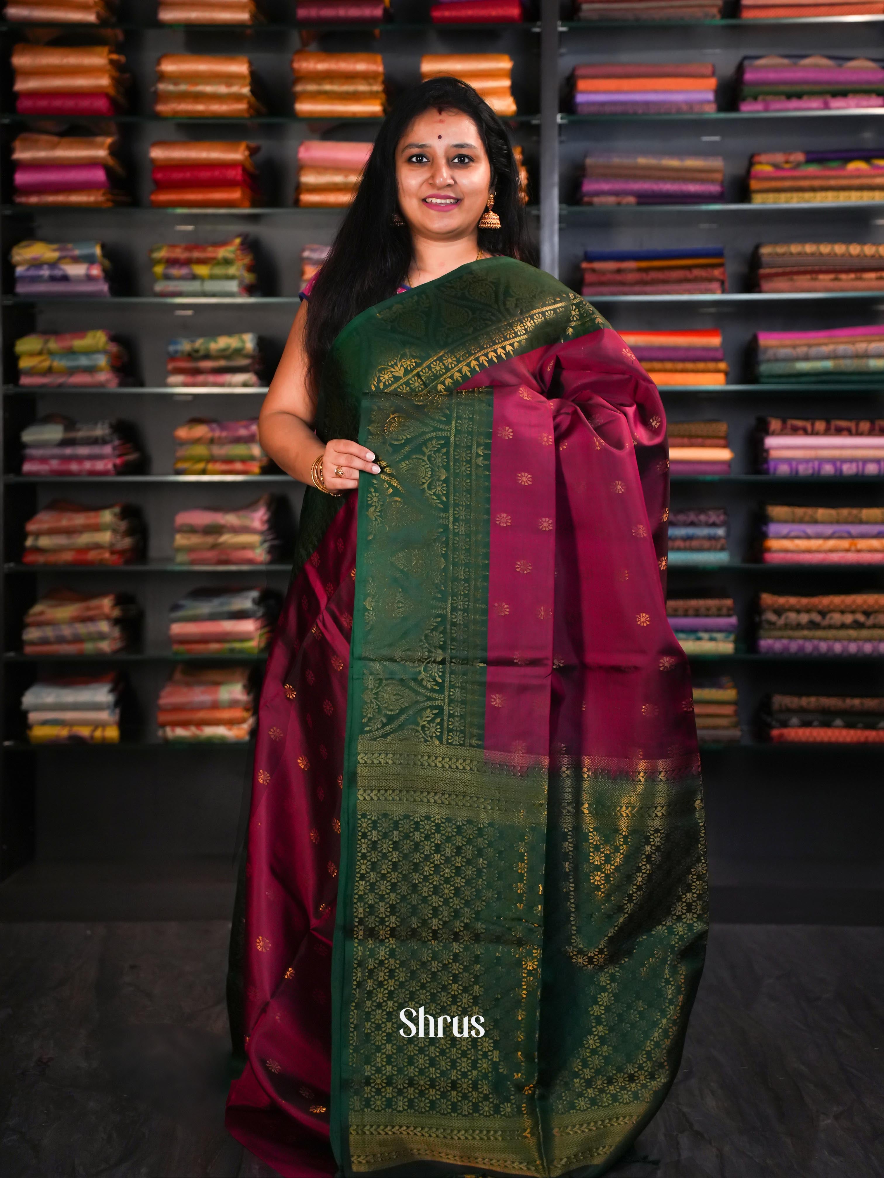 Green & Pinkish Maroon - Soft Silk Saree - Shop on ShrusEternity.com