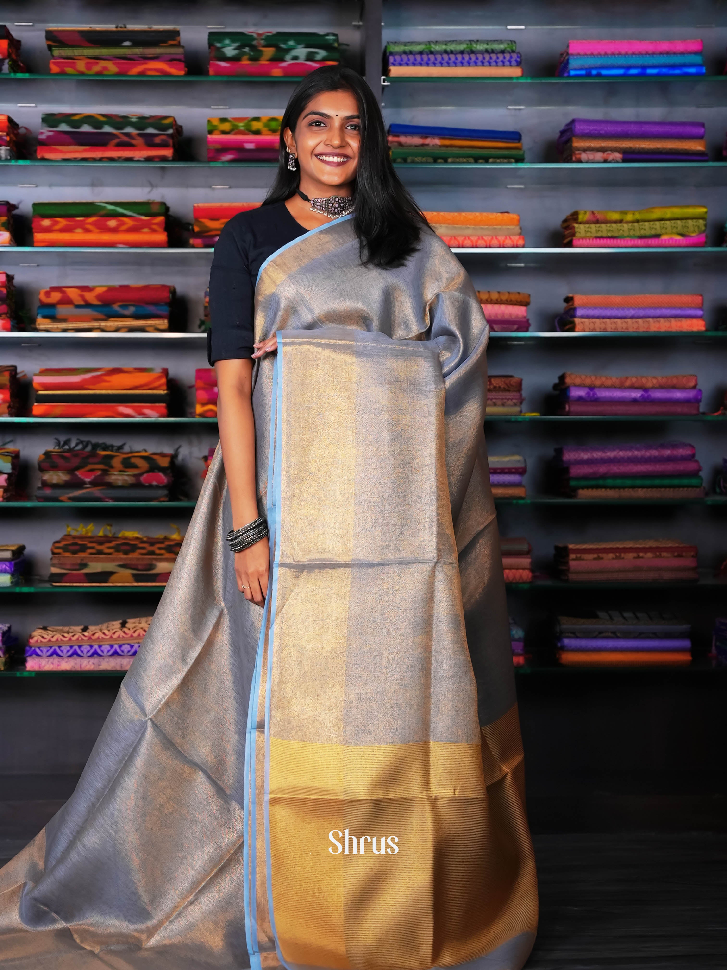Grey & Gold - Linen Saree - Shop on ShrusEternity.com