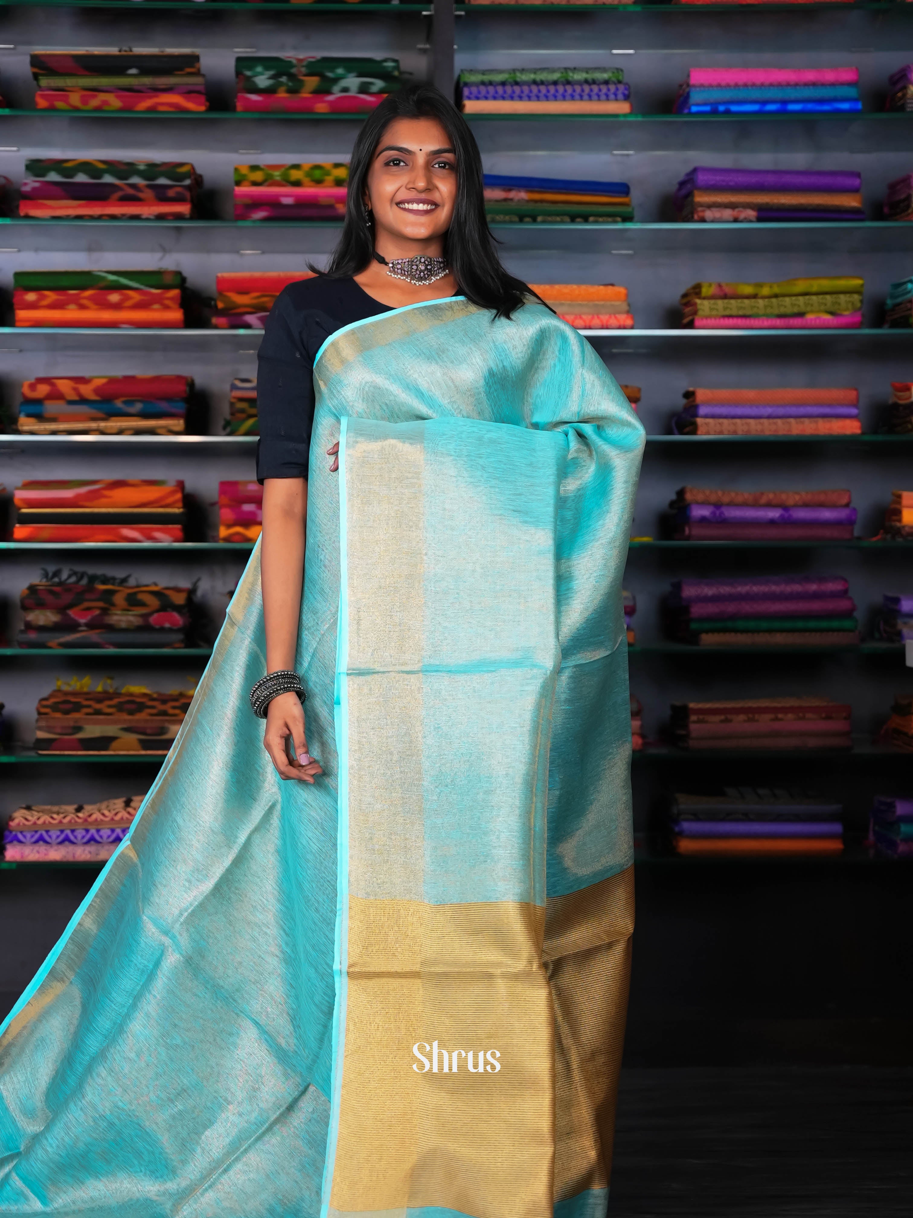 Teal Blue & Gold- Linen Saree - Shop on ShrusEternity.com
