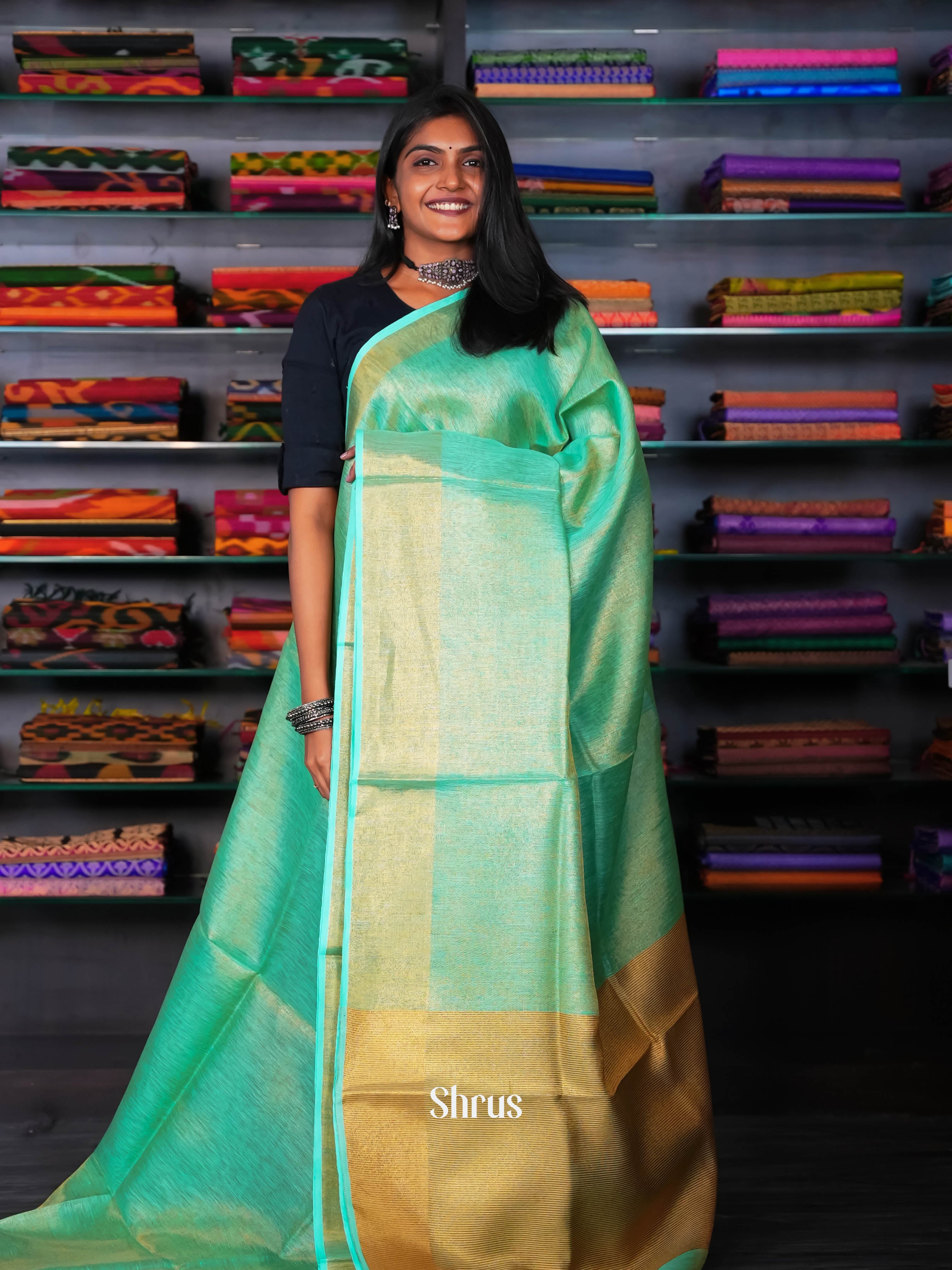 Green & Gold - Linen Saree - Shop on ShrusEternity.com