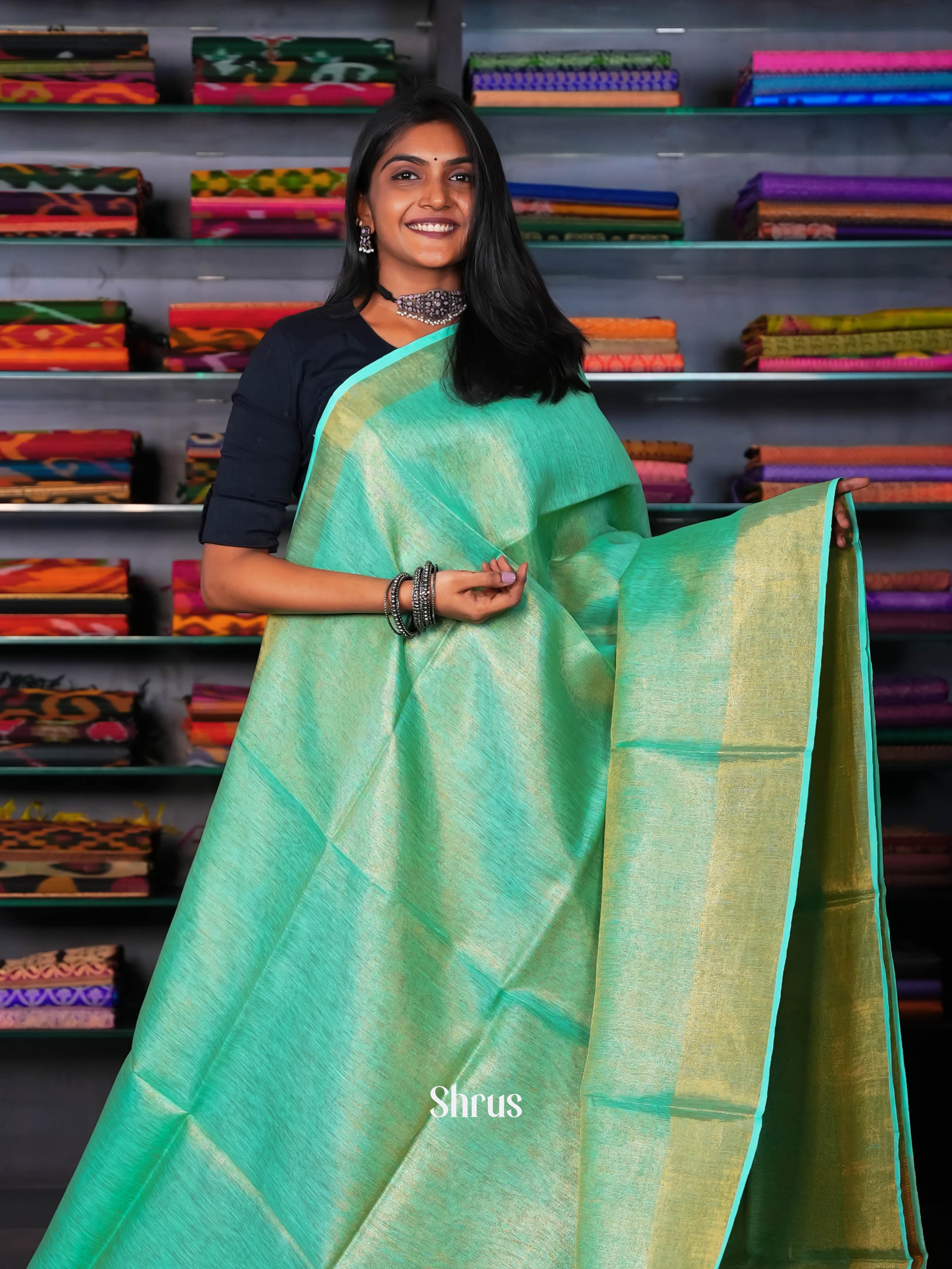 Green & Gold - Linen Saree - Shop on ShrusEternity.com