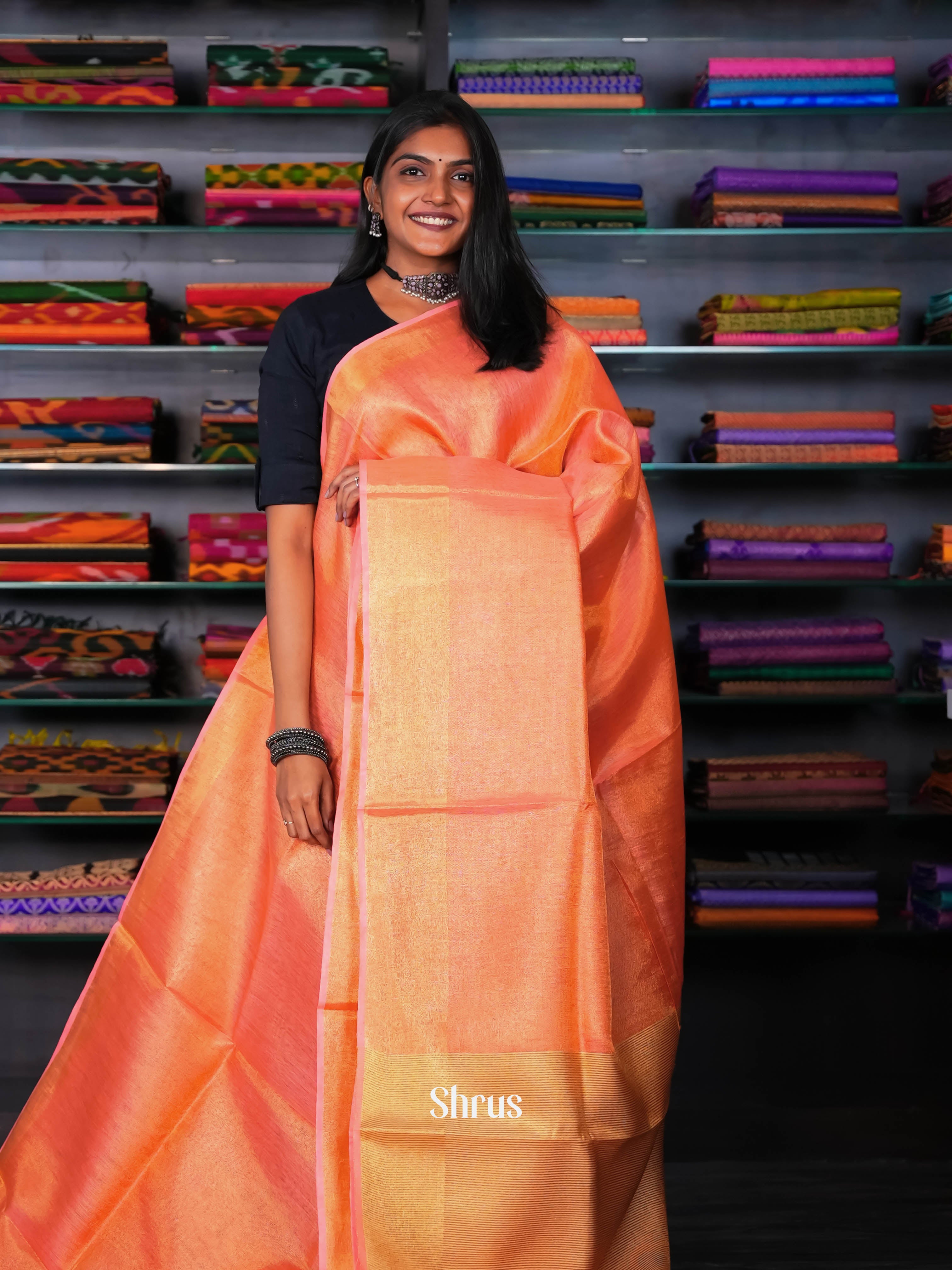 Peachy Pink & Gold - Linen Saree - Shop on ShrusEternity.com