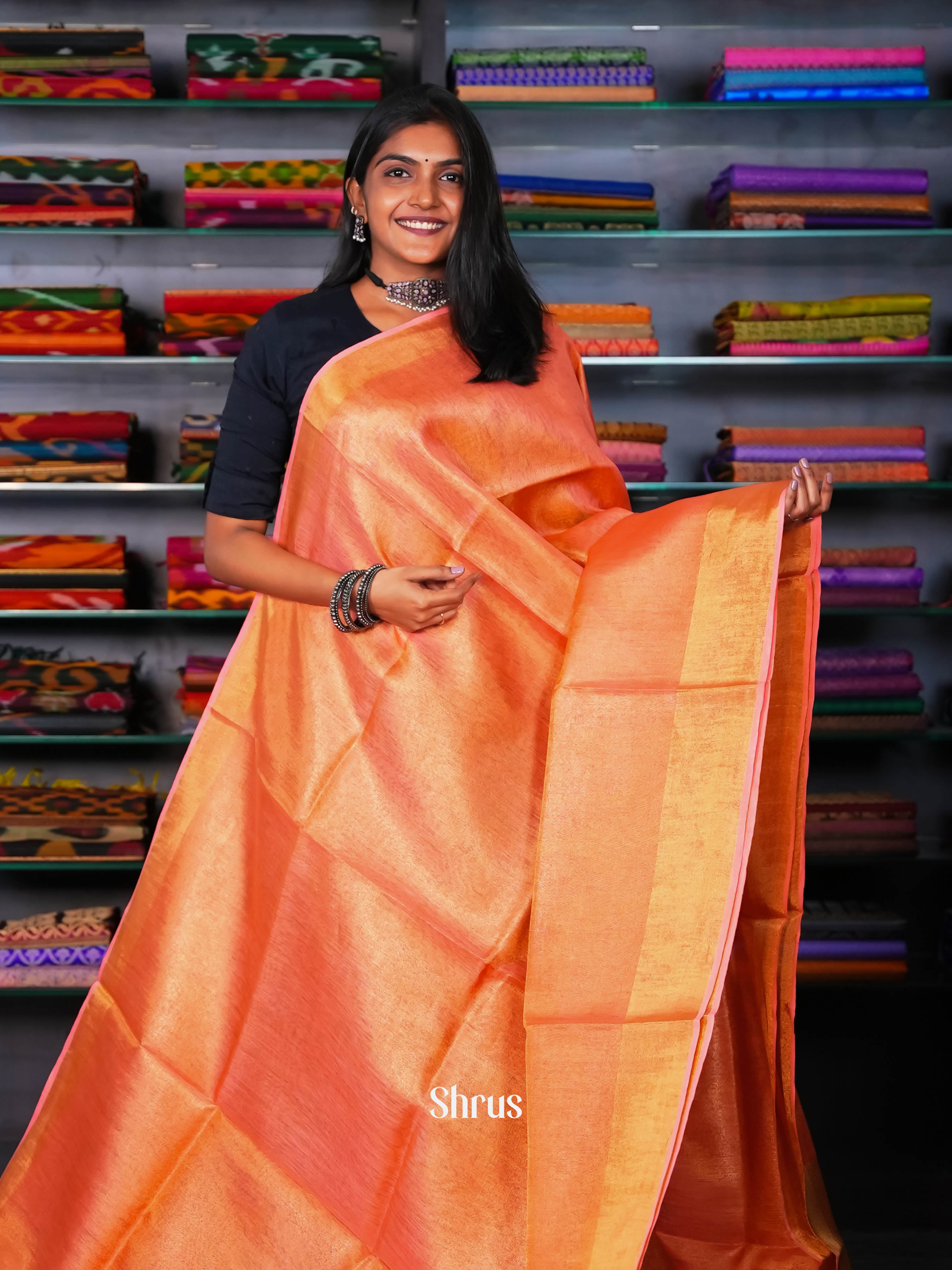 Peachy Pink & Gold - Linen Saree - Shop on ShrusEternity.com
