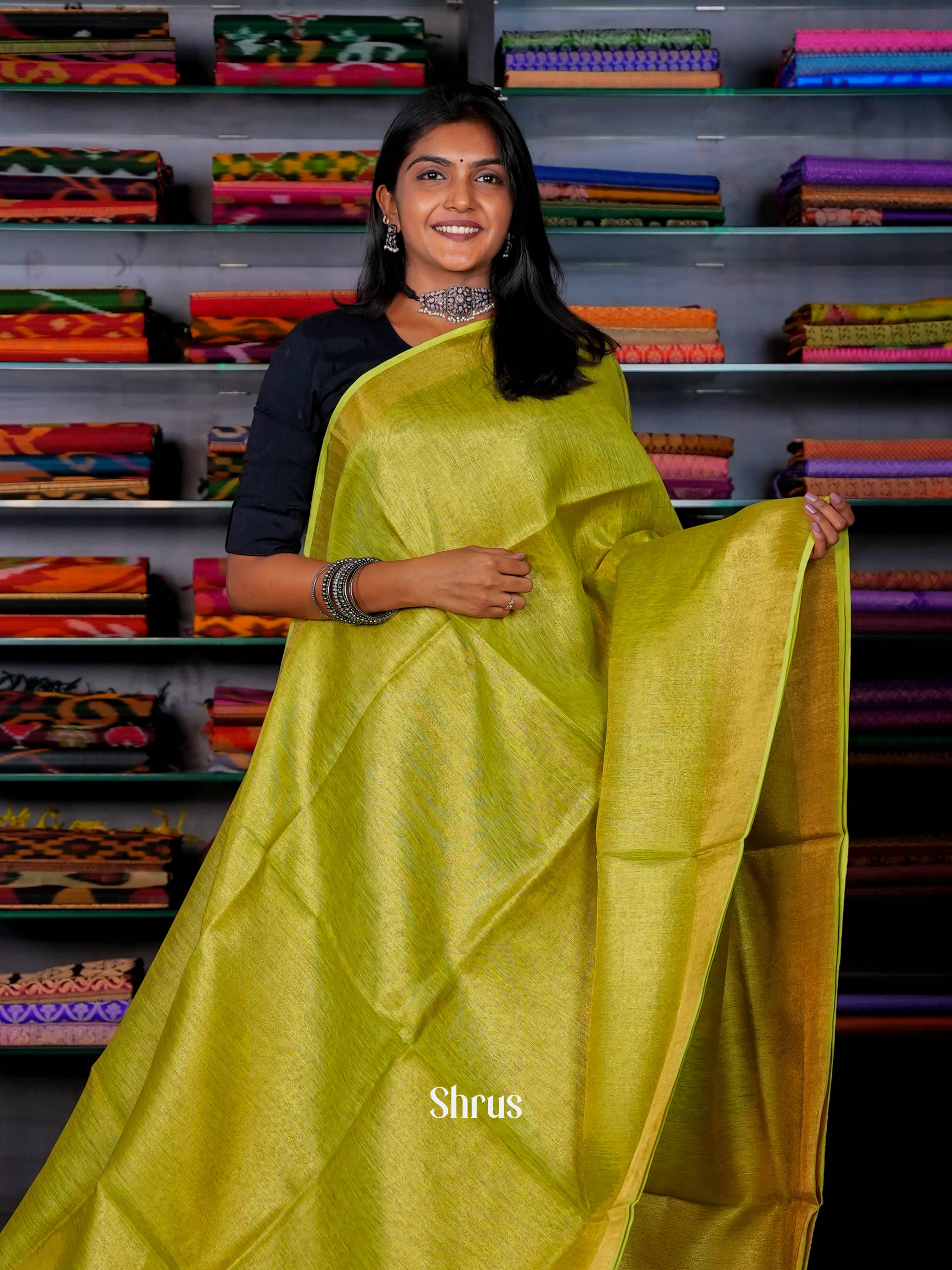 Green & Gold- Linen Saree - Shop on ShrusEternity.com