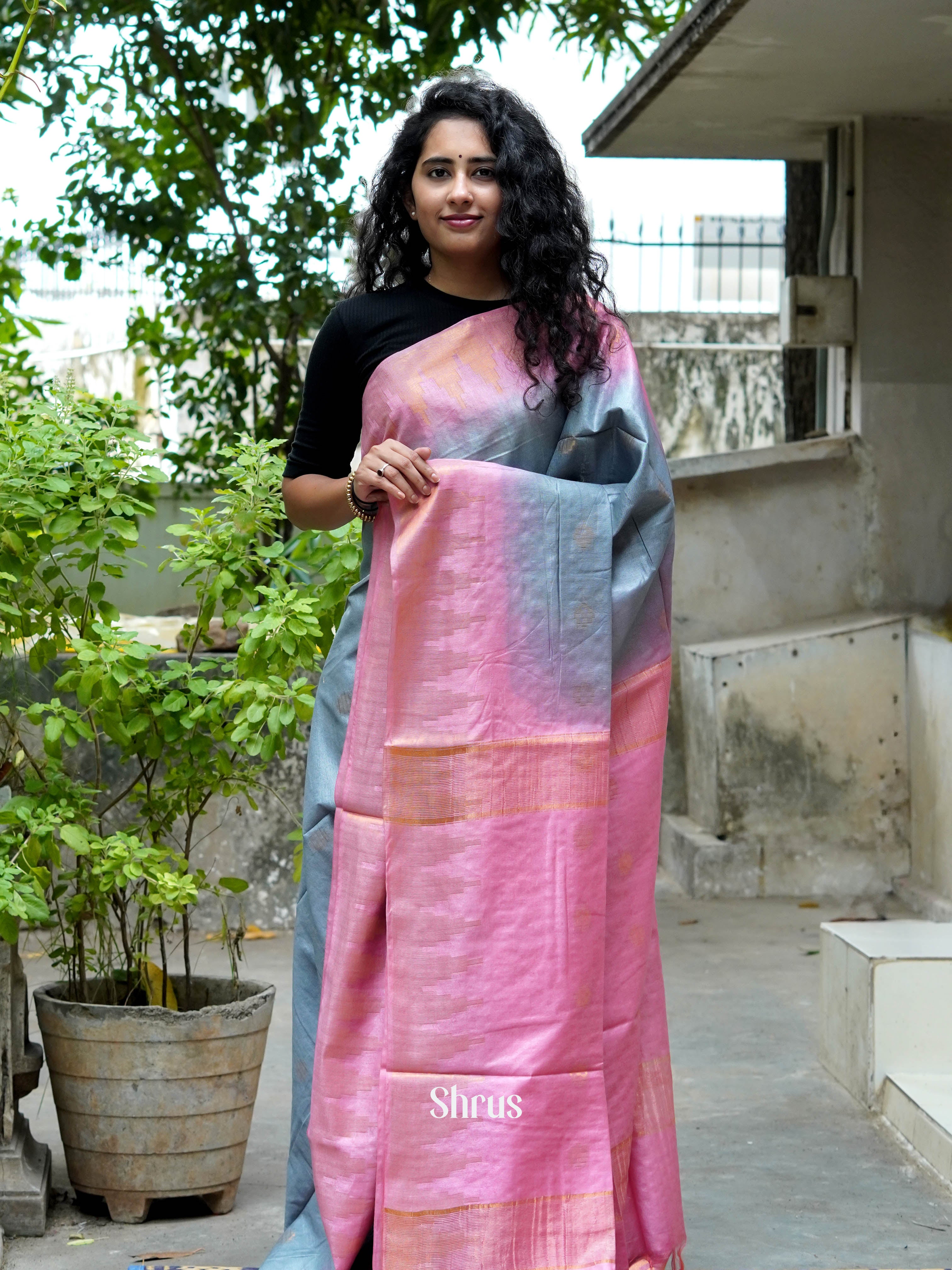 Grey & Pink - Semi Tussar Saree - Shop on ShrusEternity.com