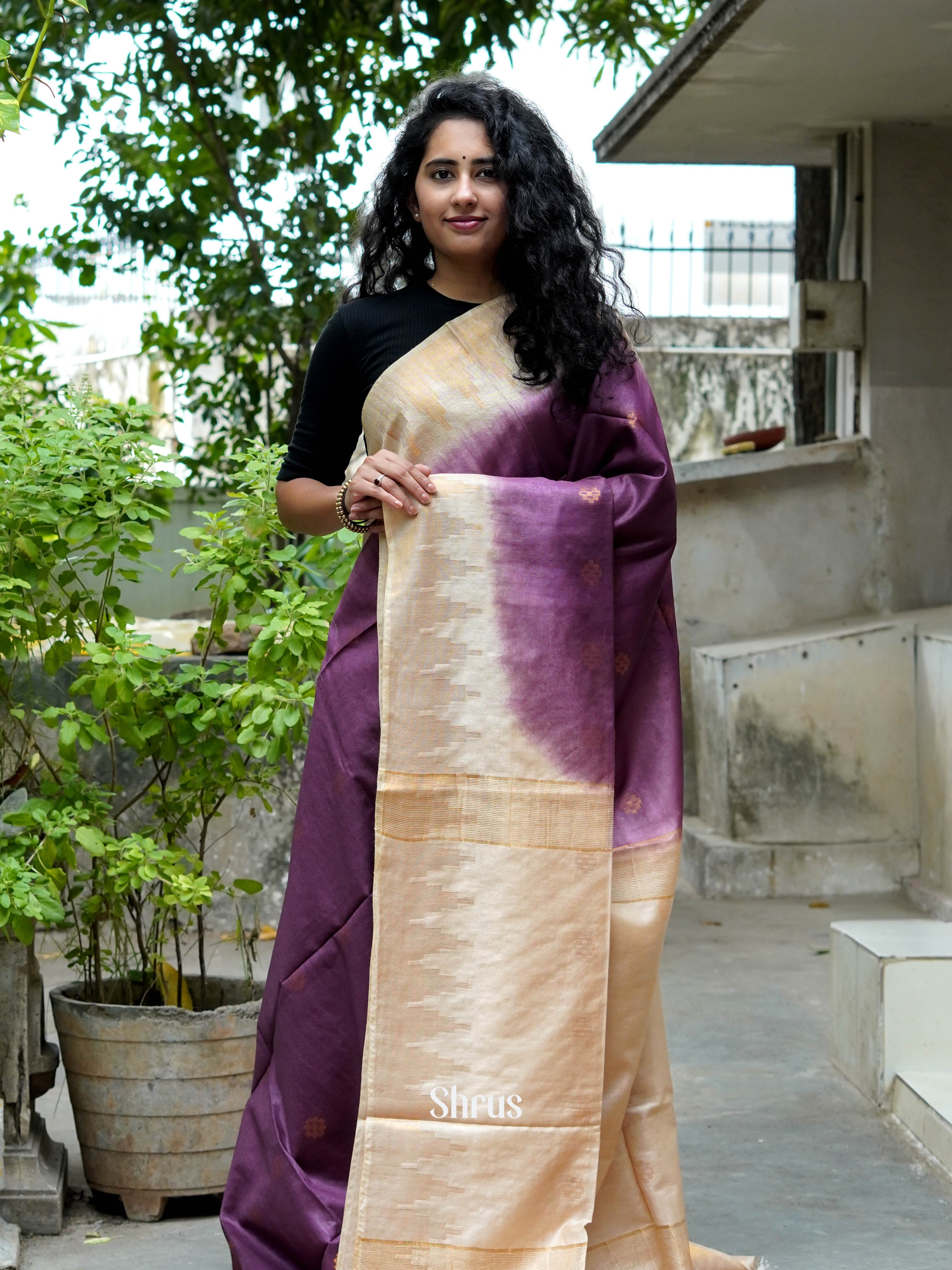 Purple & Cream - Semi Tussar Saree - Shop on ShrusEternity.com