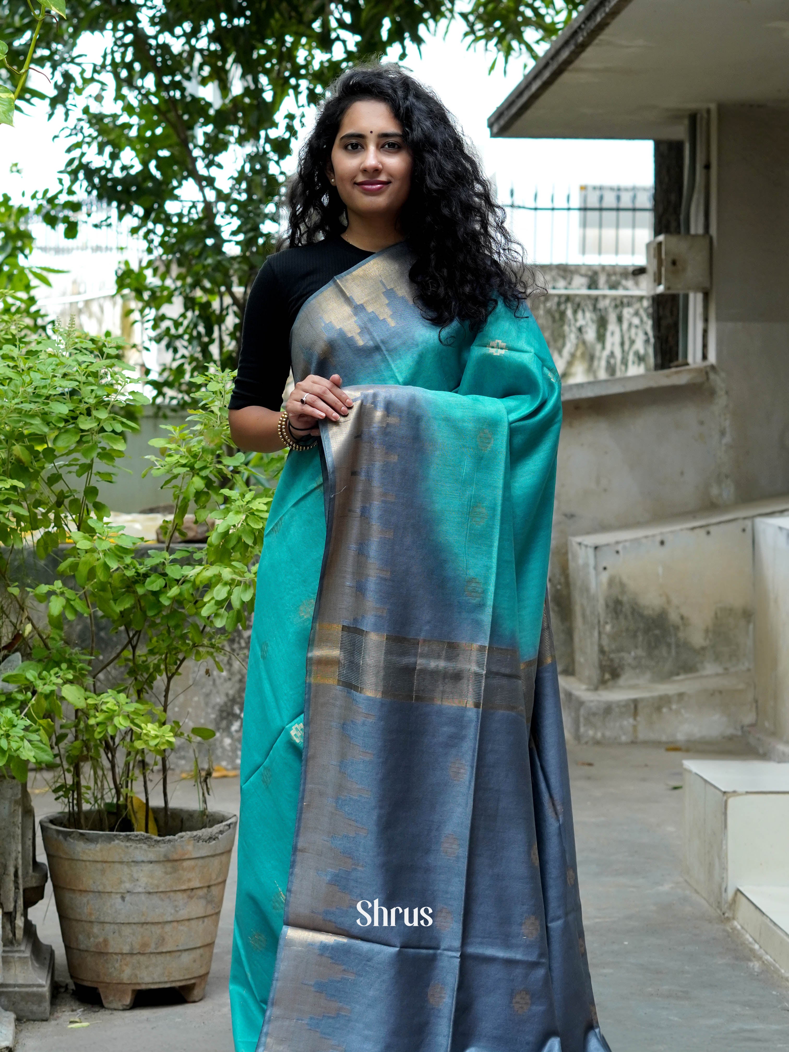 Teal & Grey - Semi Tussar Saree - Shop on ShrusEternity.com