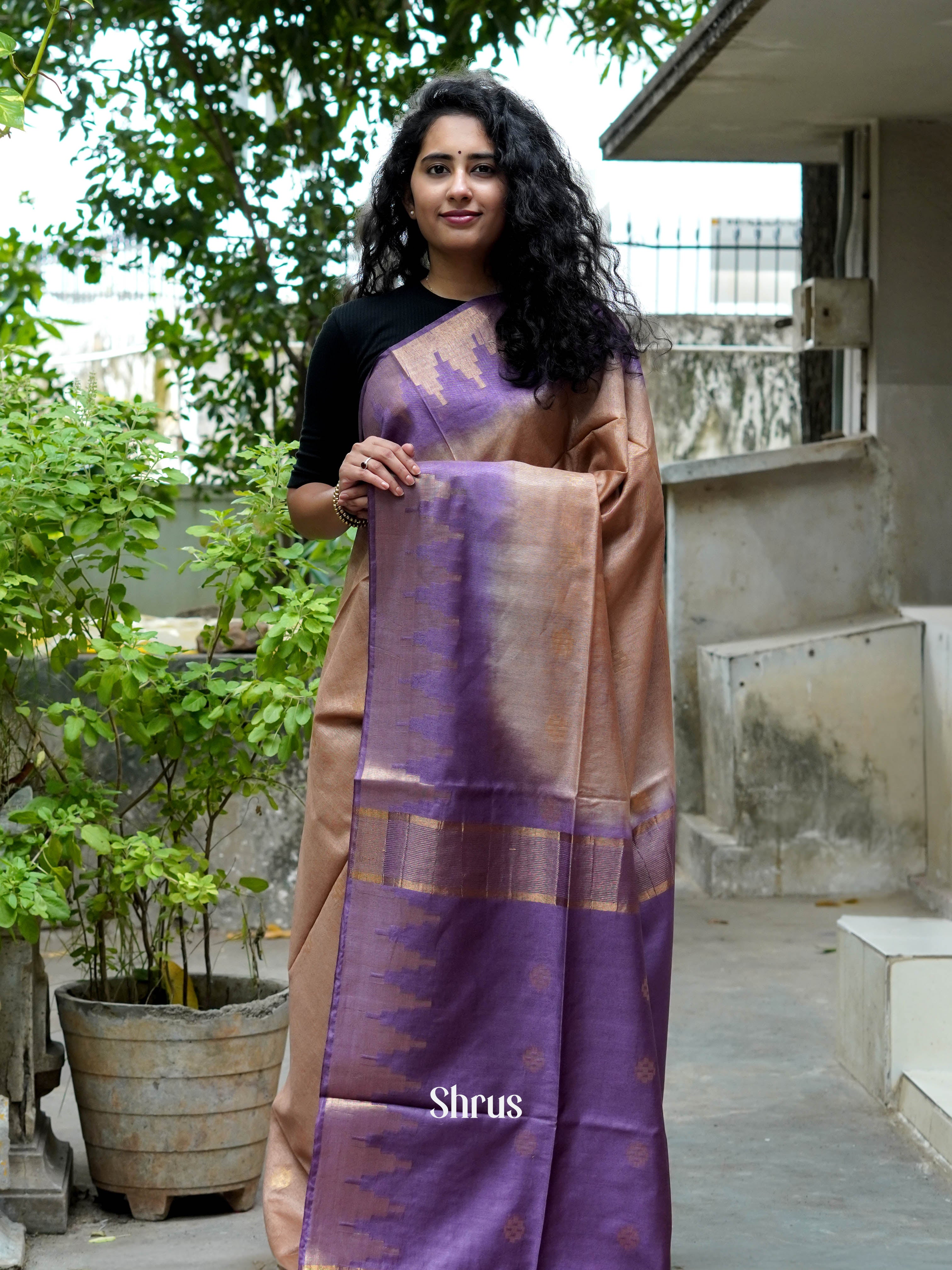 Brown & Purple - Semi Tussar Saree - Shop on ShrusEternity.com