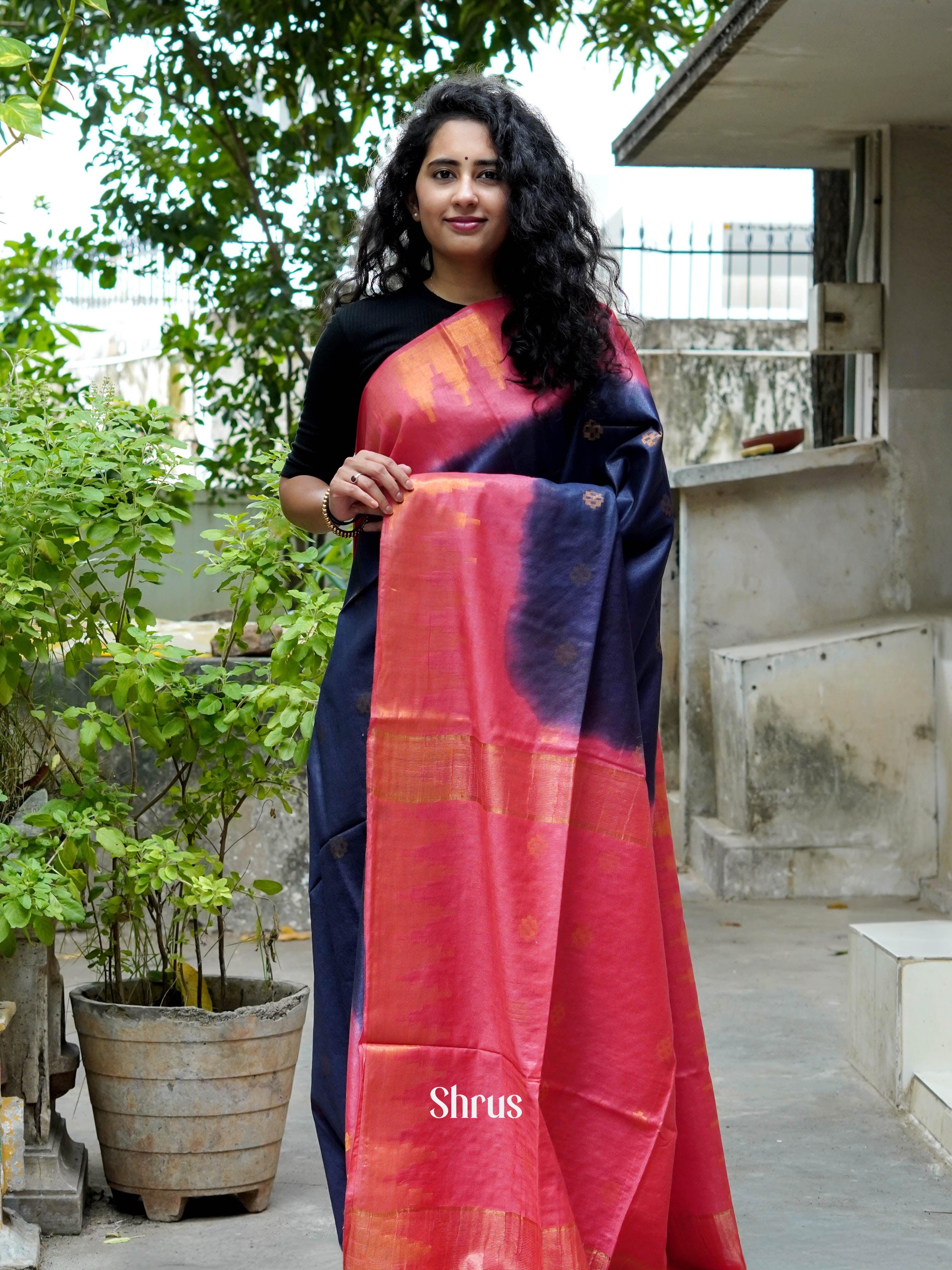 Blue & Red- Semi Tussar Saree - Shop on ShrusEternity.com