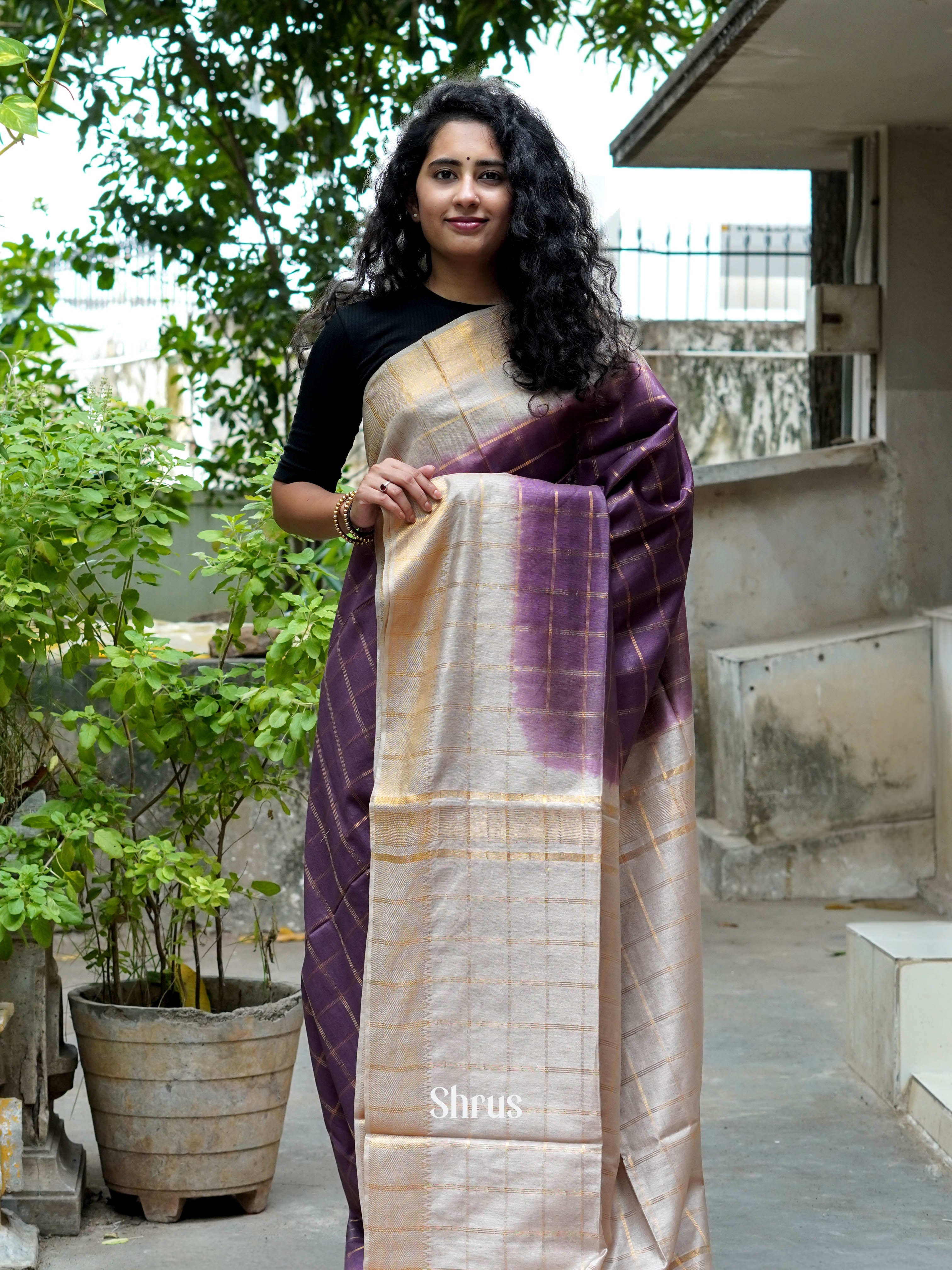 Violet & Grey - Semi Tussar Saree - Shop on ShrusEternity.com