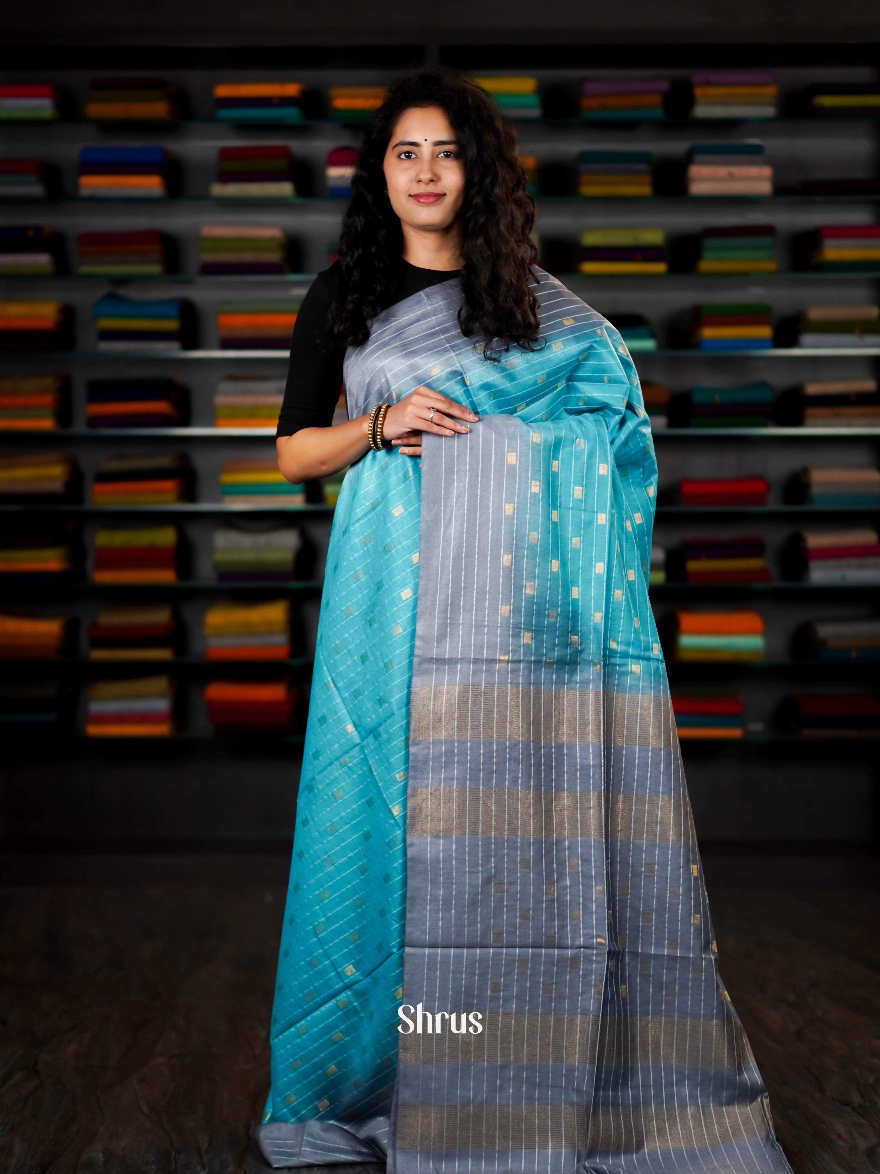 Grey & Blue - Semi Tussar Saree - Shop on ShrusEternity.com