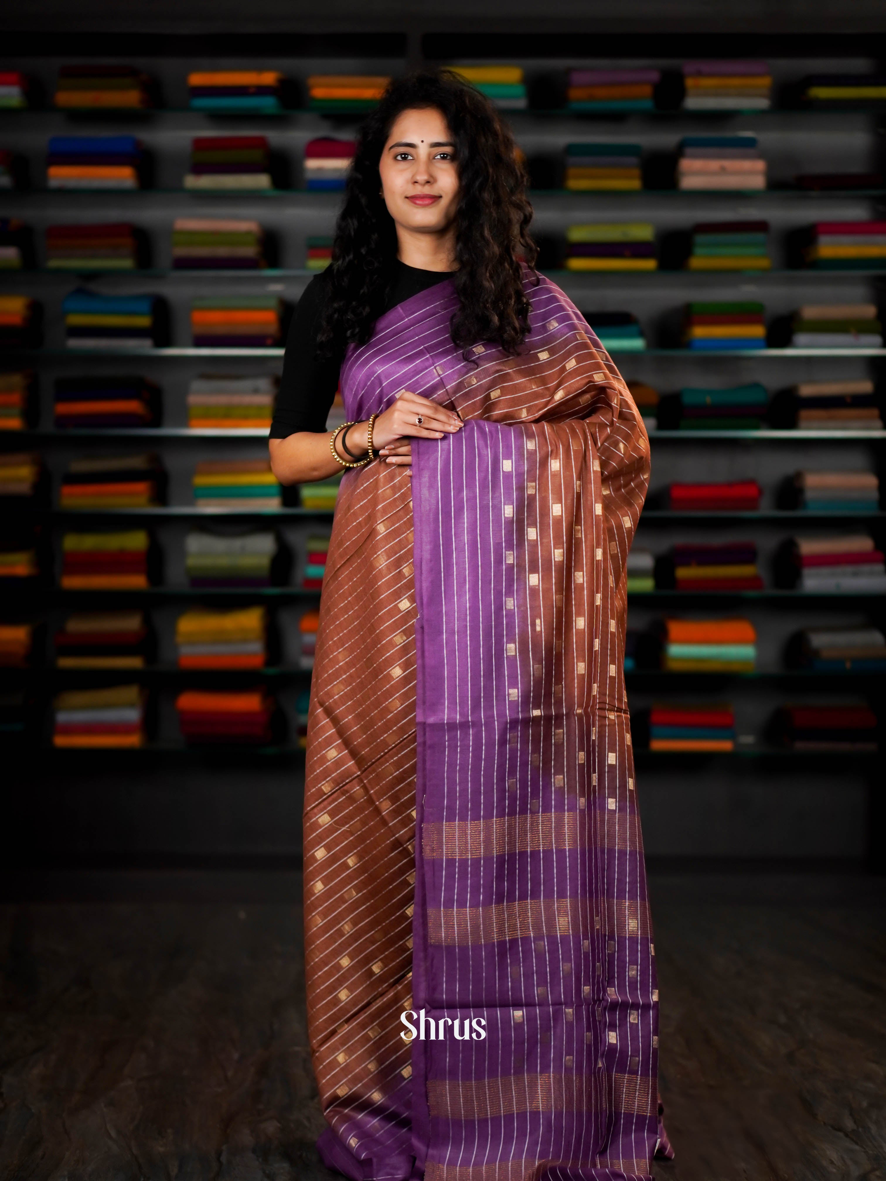 Brown & Purple - Semi Tussar Saree - Shop on ShrusEternity.com