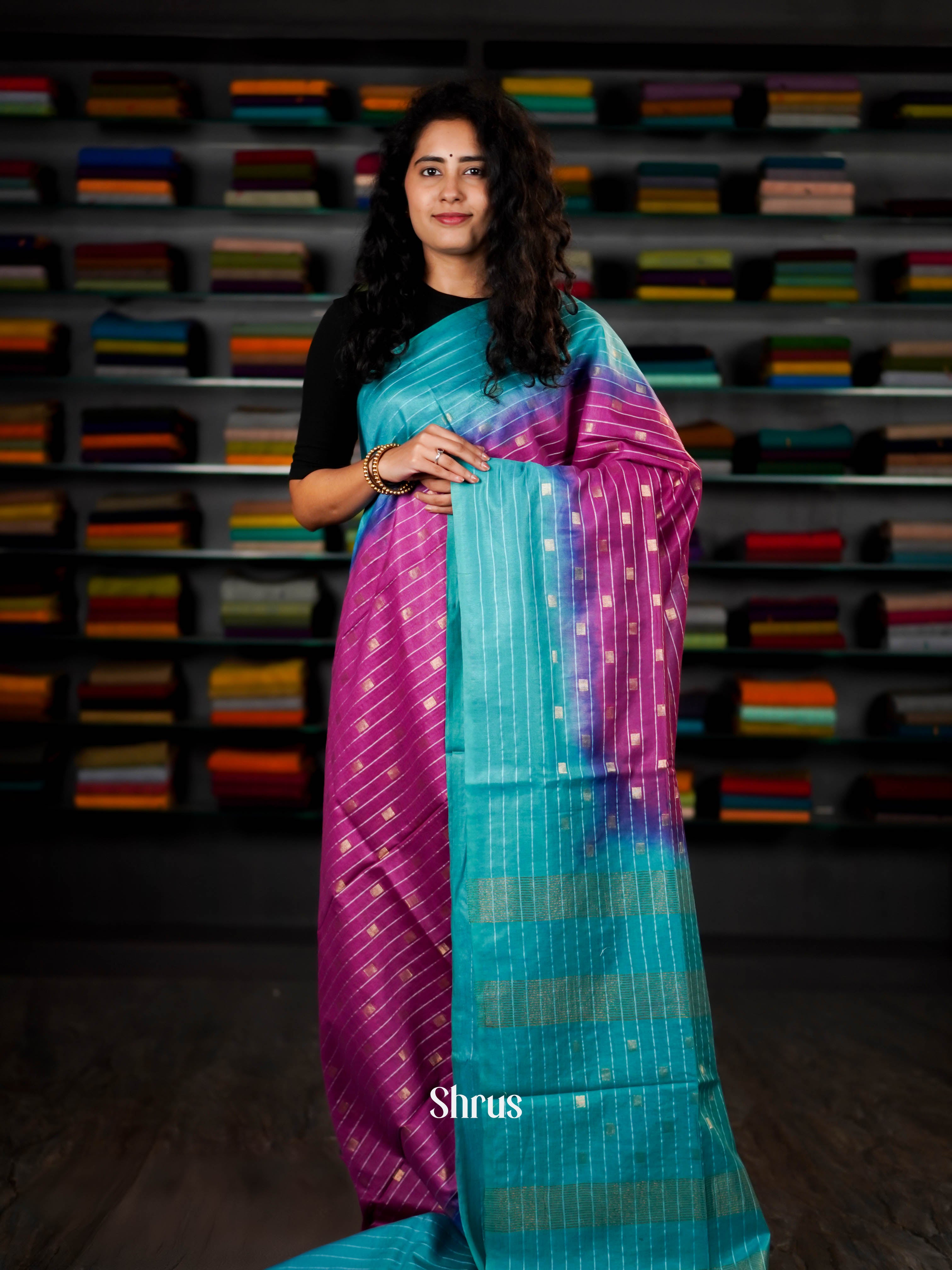 Teal & Purple - Semi Tussar Saree - Shop on ShrusEternity.com