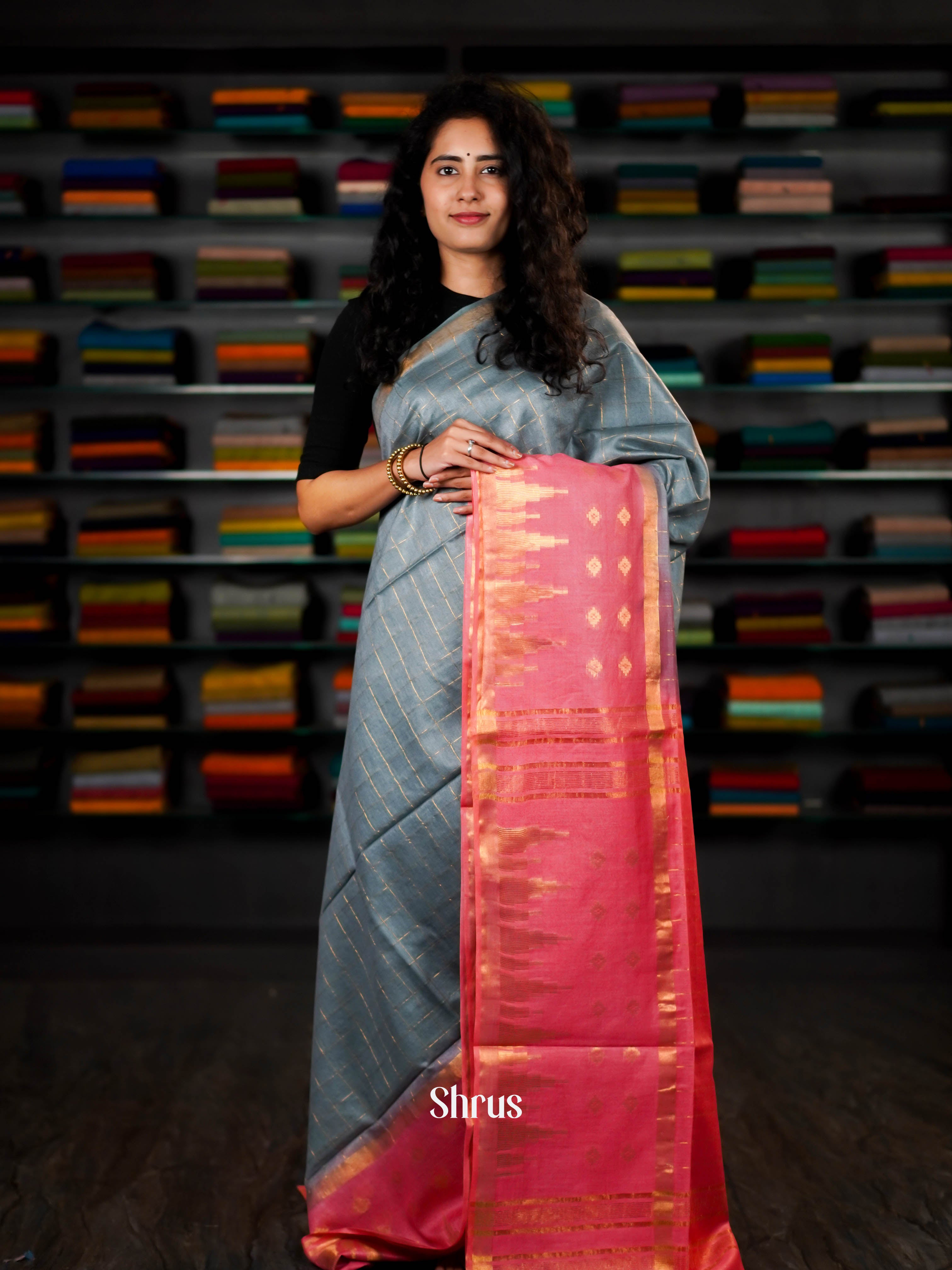Pink & Grey - Semi Tussar Saree - Shop on ShrusEternity.com