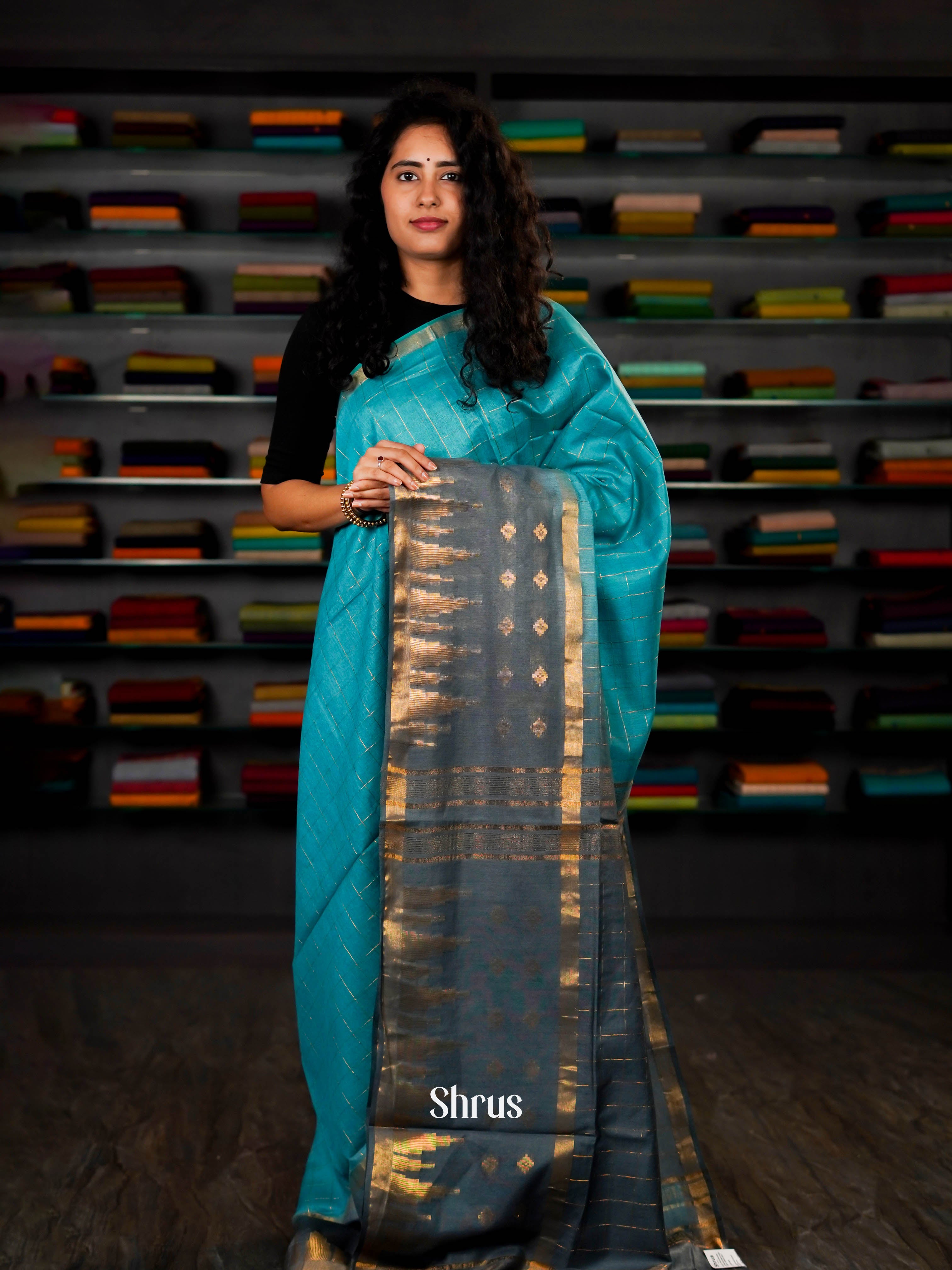 Blue & Grey - Semi Tussar Saree - Shop on ShrusEternity.com