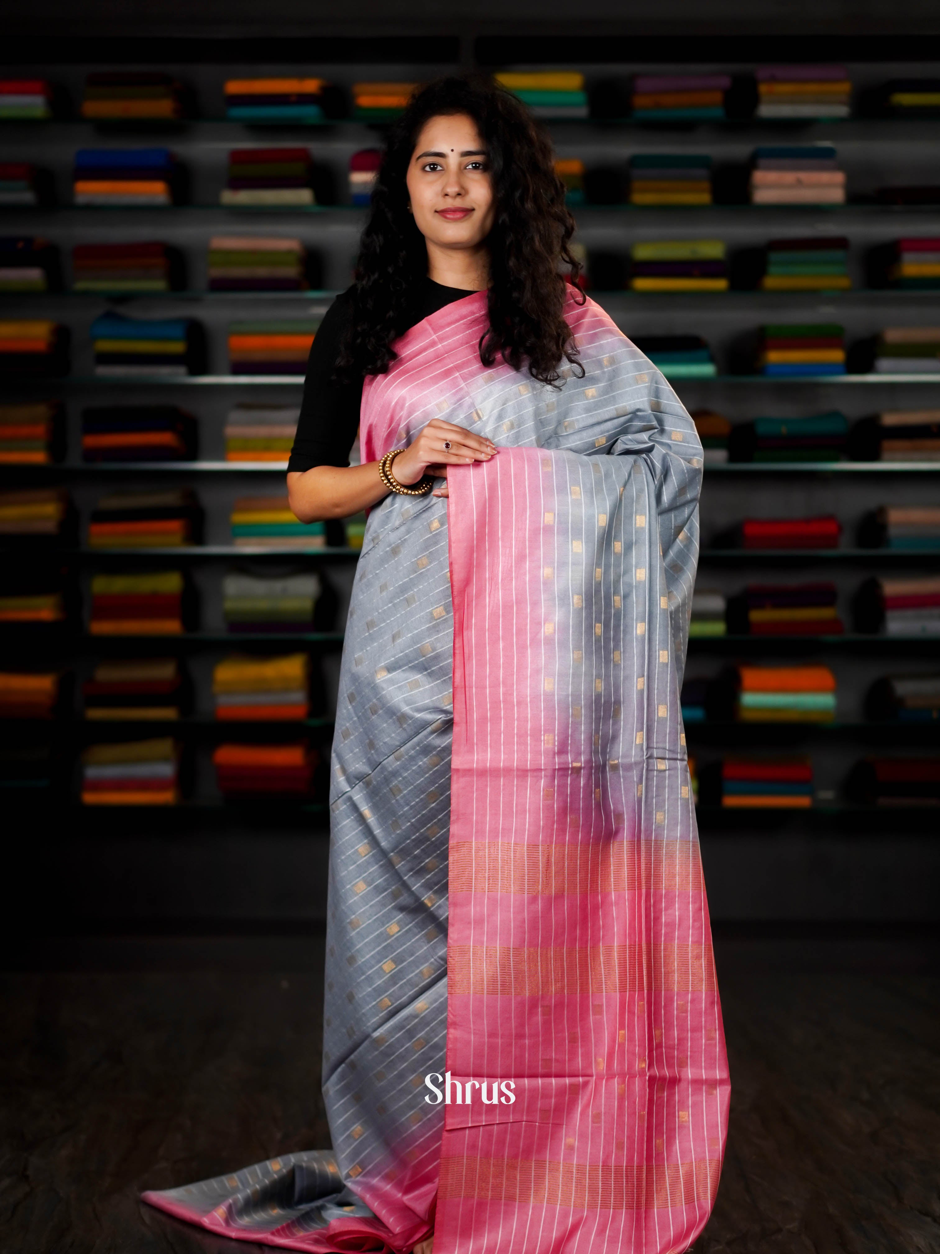 Grey & Pink - Semi Tussar Saree - Shop on ShrusEternity.com