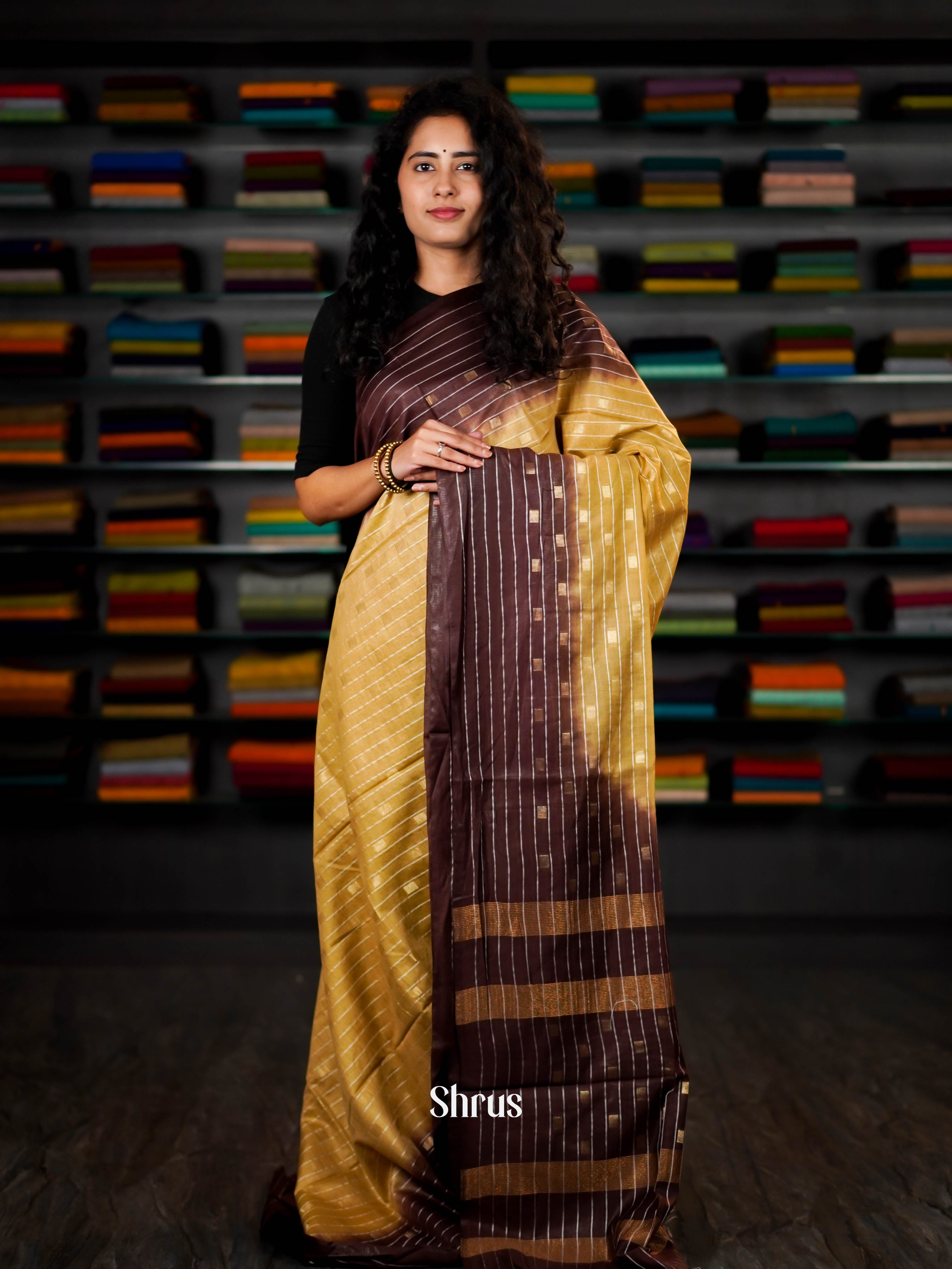 Brown & Gold - Semi Tussar Saree - Shop on ShrusEternity.com