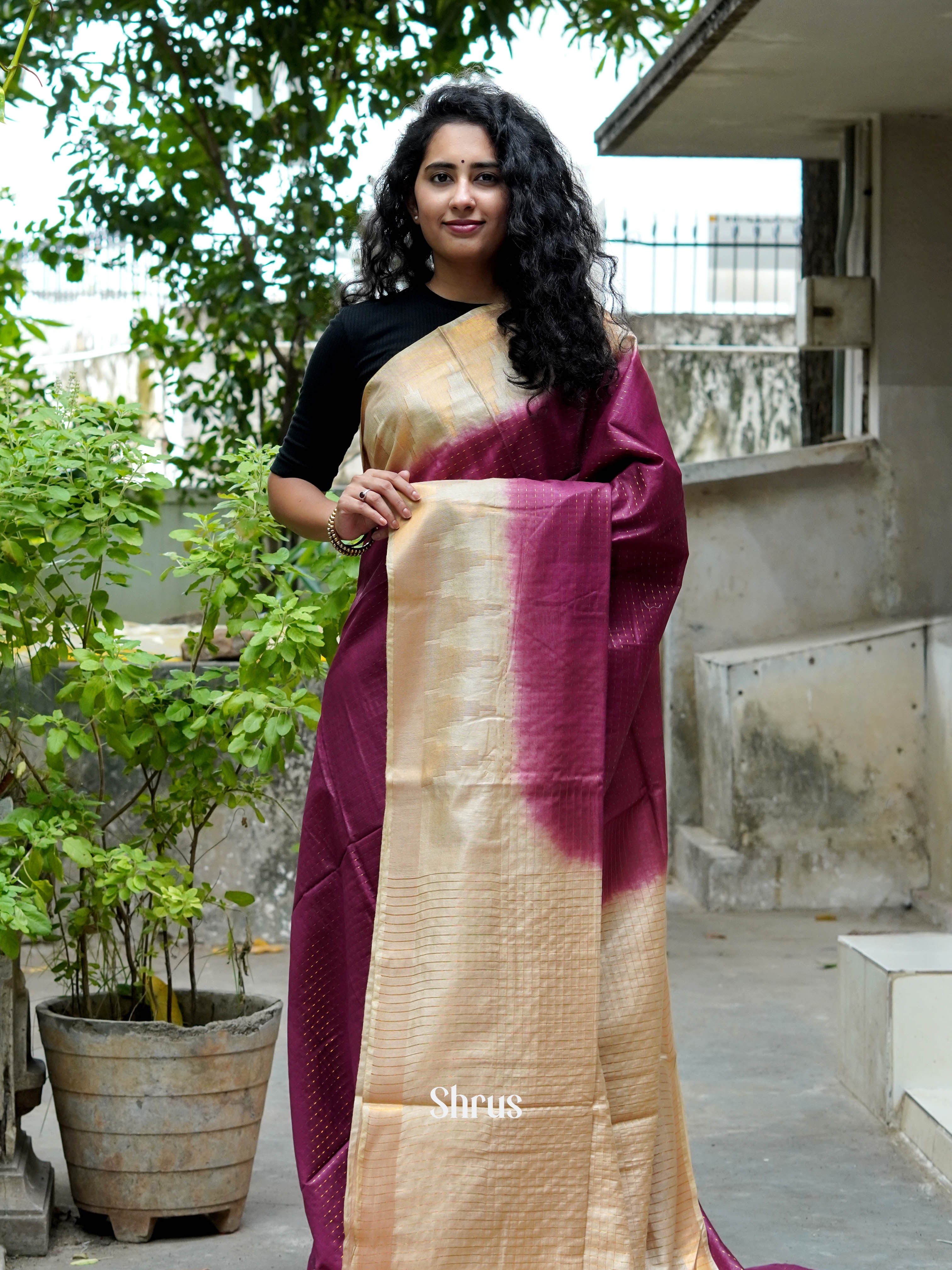 Purple & Cream - Semi Tussar Saree - Shop on ShrusEternity.com