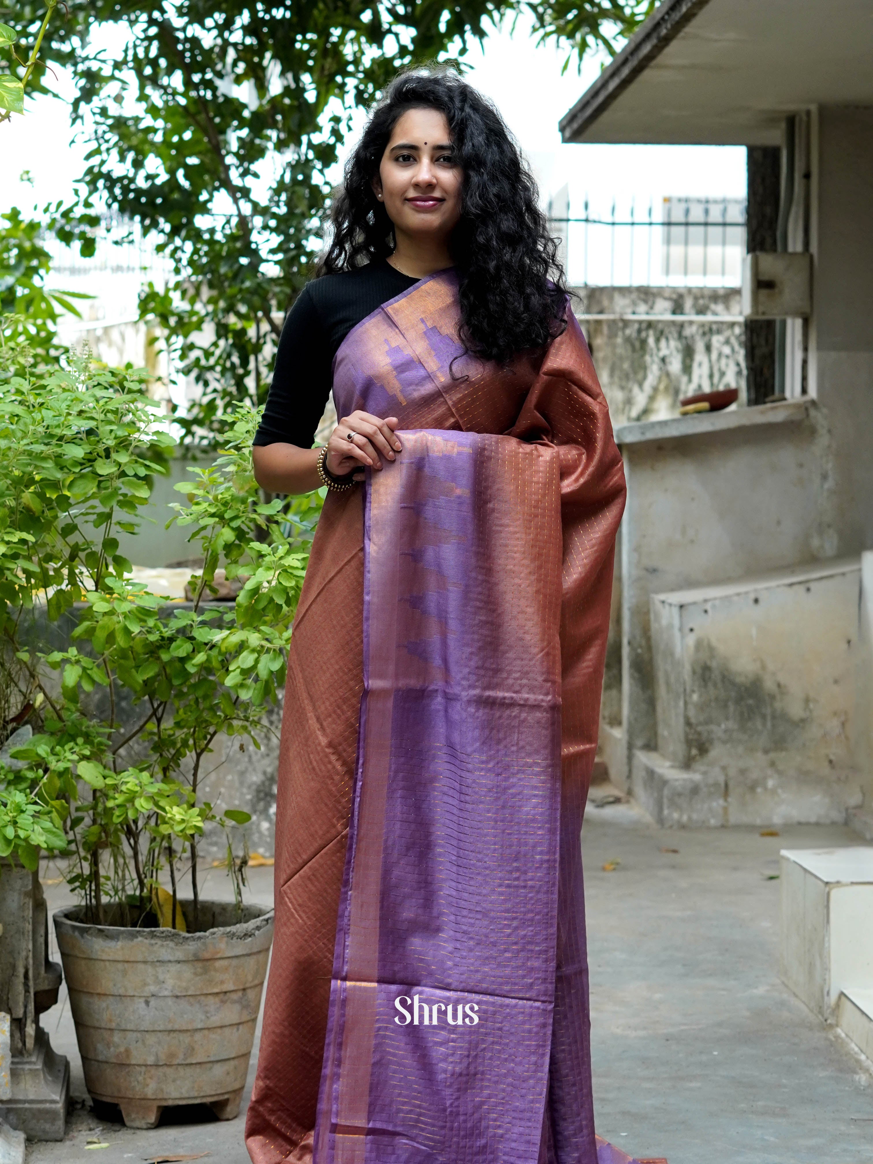 Brown & Purple - Semi Tussar Saree - Shop on ShrusEternity.com