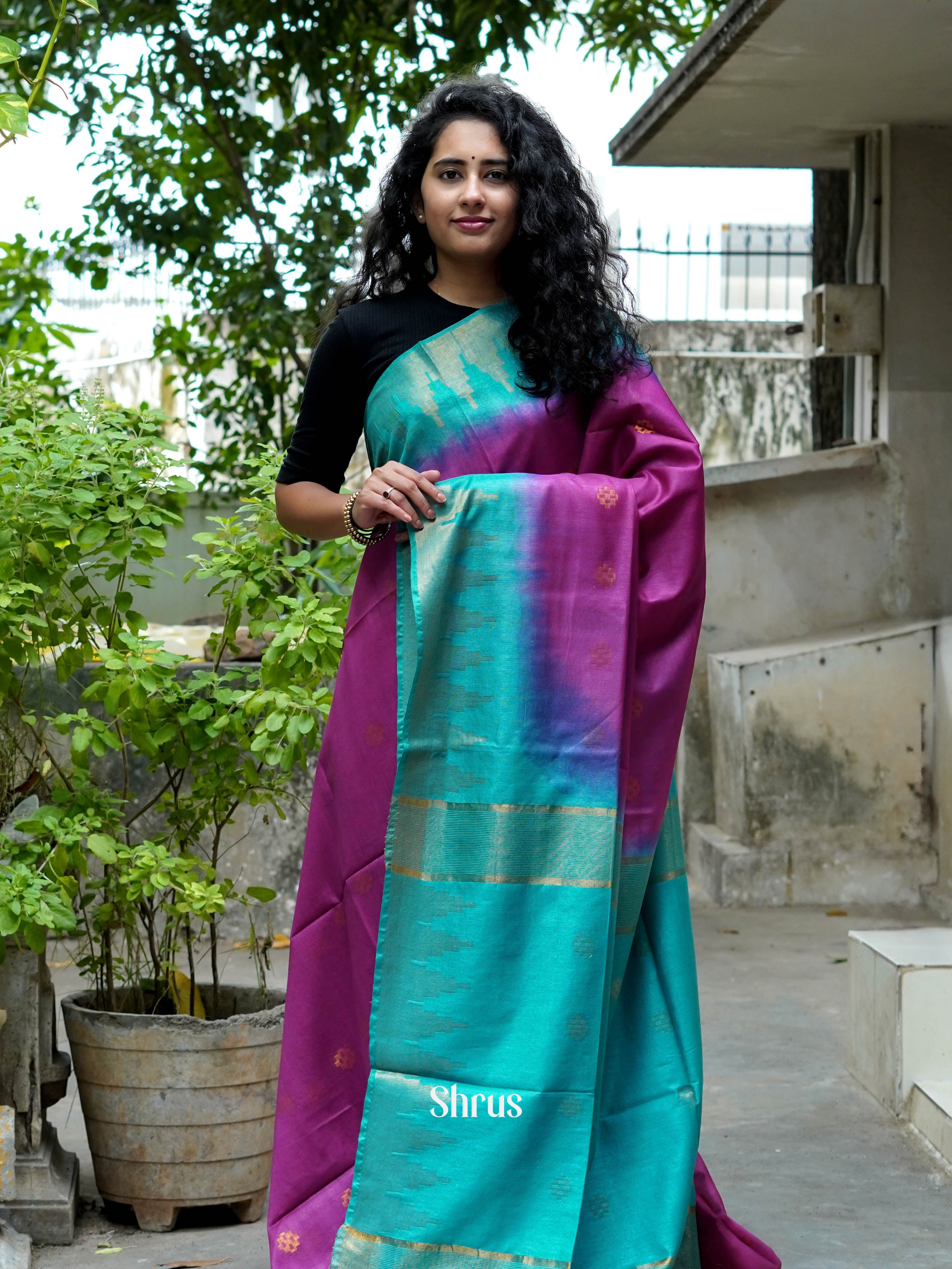 Purple & Teal- Semi Tussar Saree - Shop on ShrusEternity.com