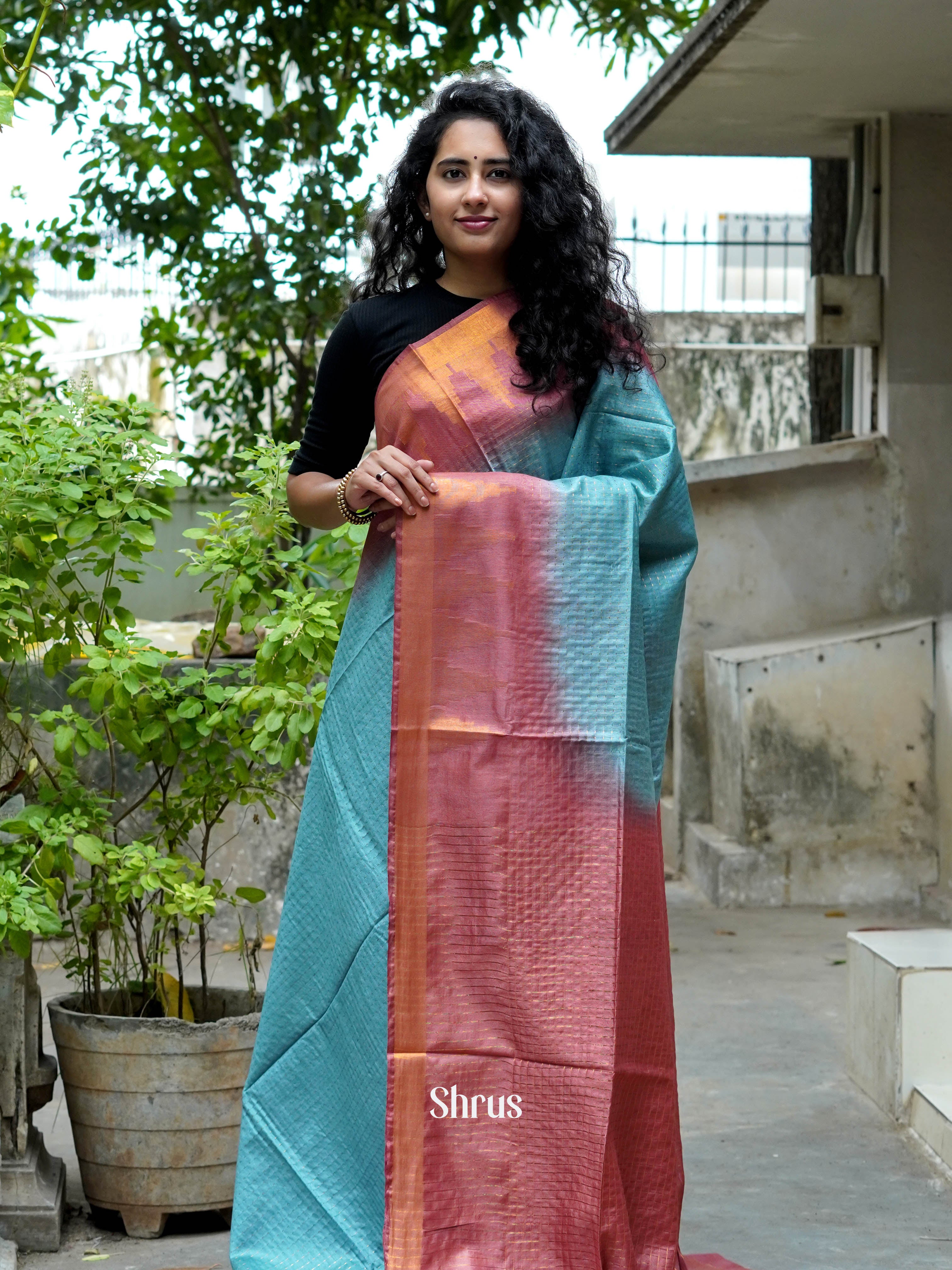 Teal & Red - Semi Tussar Saree - Shop on ShrusEternity.com