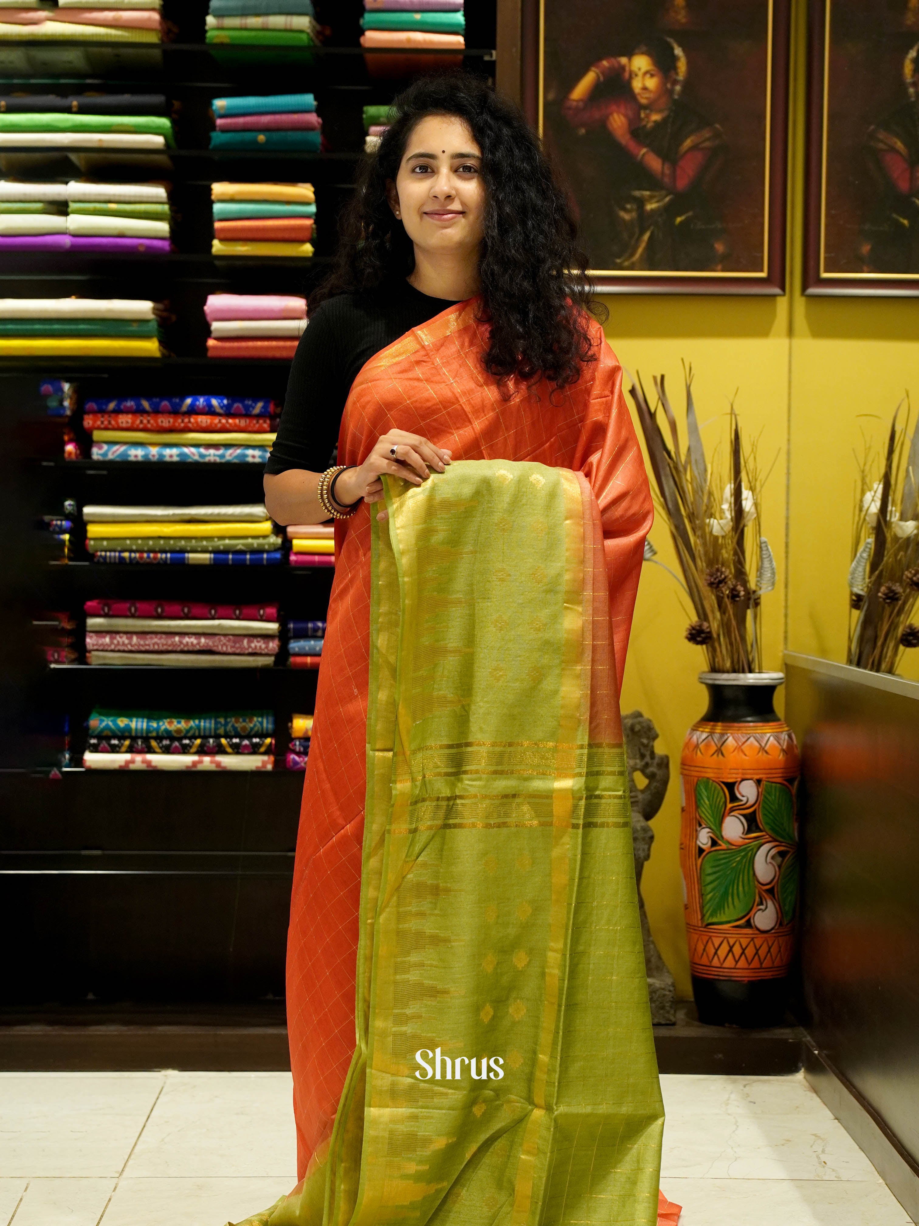 Red & Light Green - Semi Tussar Saree - Shop on ShrusEternity.com